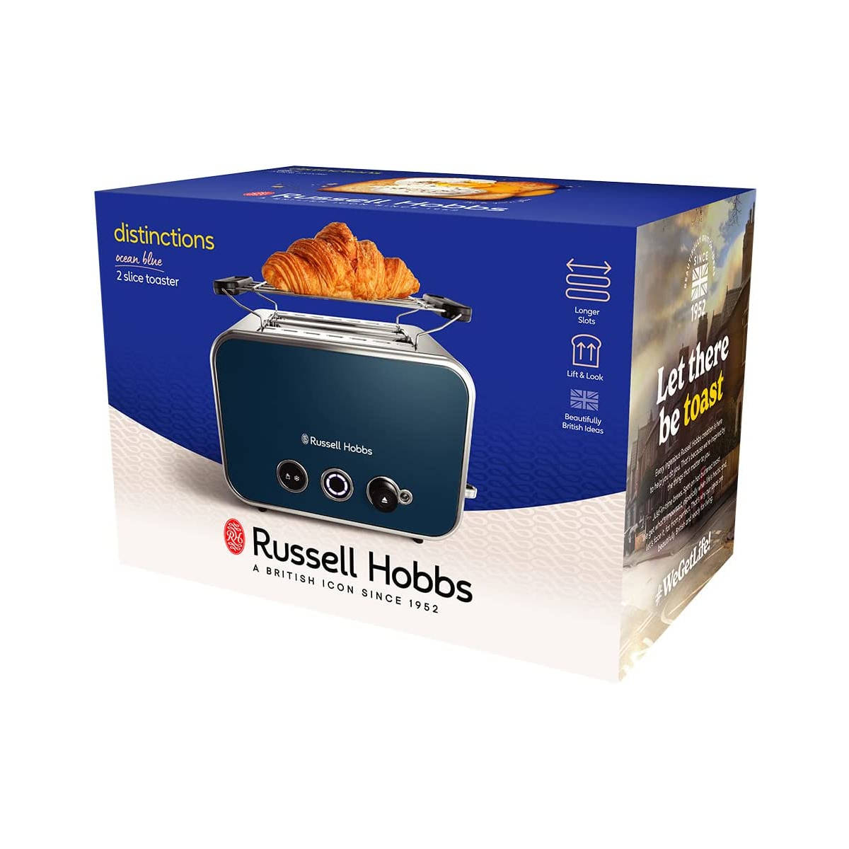 Blaue Toasterbox mit Toaster und Croissants oben drauf. Weißer Hintergrund.