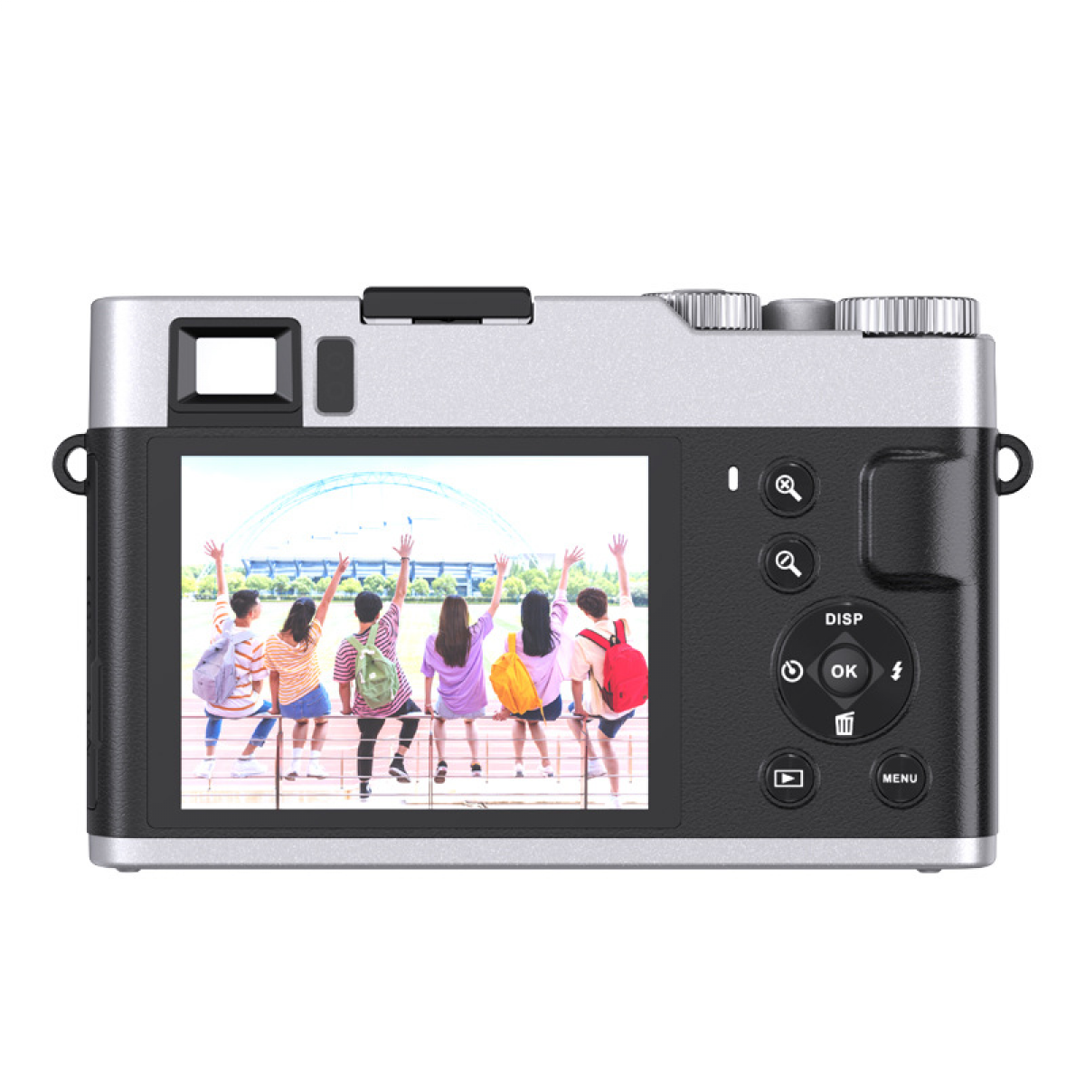 Srebrny aparat wyświetla na ekranie zdjęcie osób z uniesionymi ramionami, odwróconych tyłem.