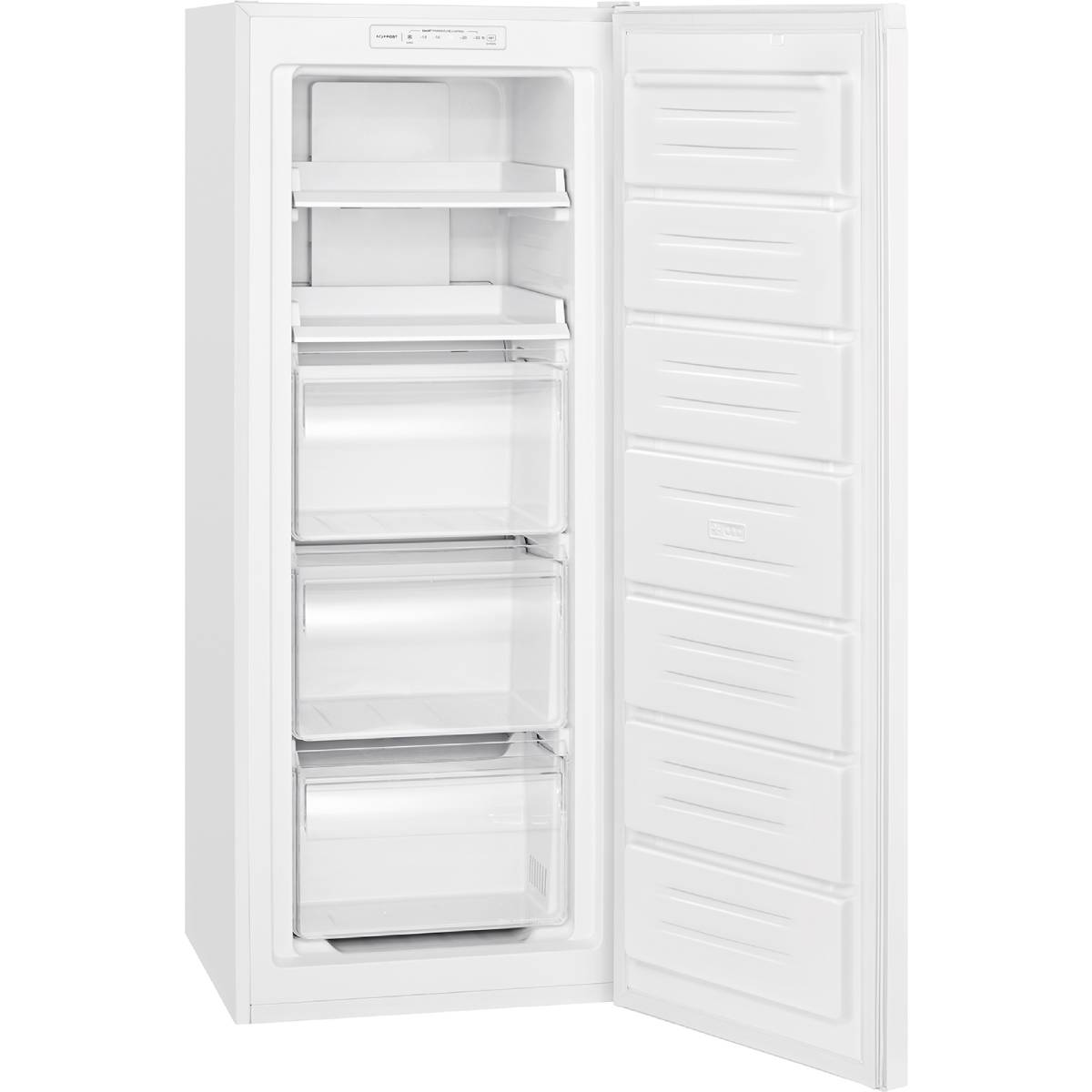 Weißer Kühlschrank mit offener Tür. Regale und Schubladen sind sichtbar.