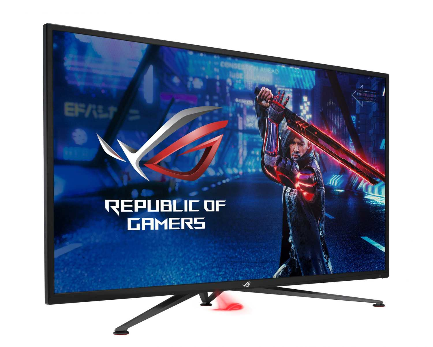 Monitor gaming con schermo curvo, logo ROG e persona con spada in scena futuristica.