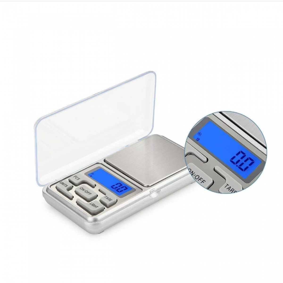 Cyfrowa waga kieszonkowa z niebieskim wyświetlaczem pokazującym 0,0. Widok powiększony wyświetlacza.