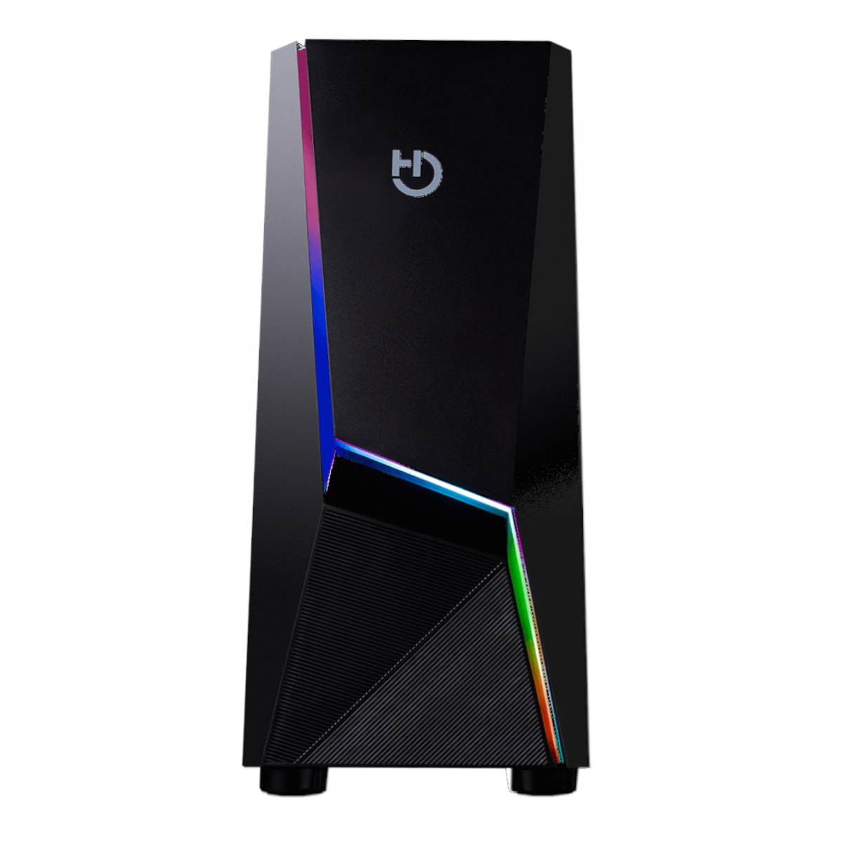 Carcasa de computadora negra con iluminación RGB. Tiene un frente estilizado y un logotipo en la parte superior.