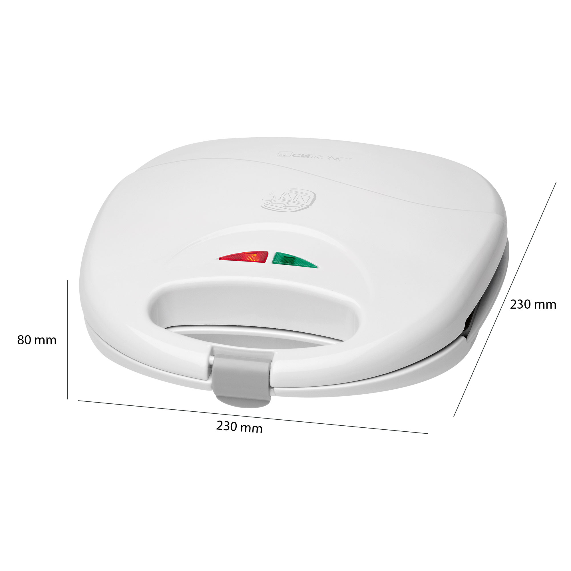 Białe urządzenie do robienia kanapek. Ma czerwone i zielone światło, wymiary są pokazane.