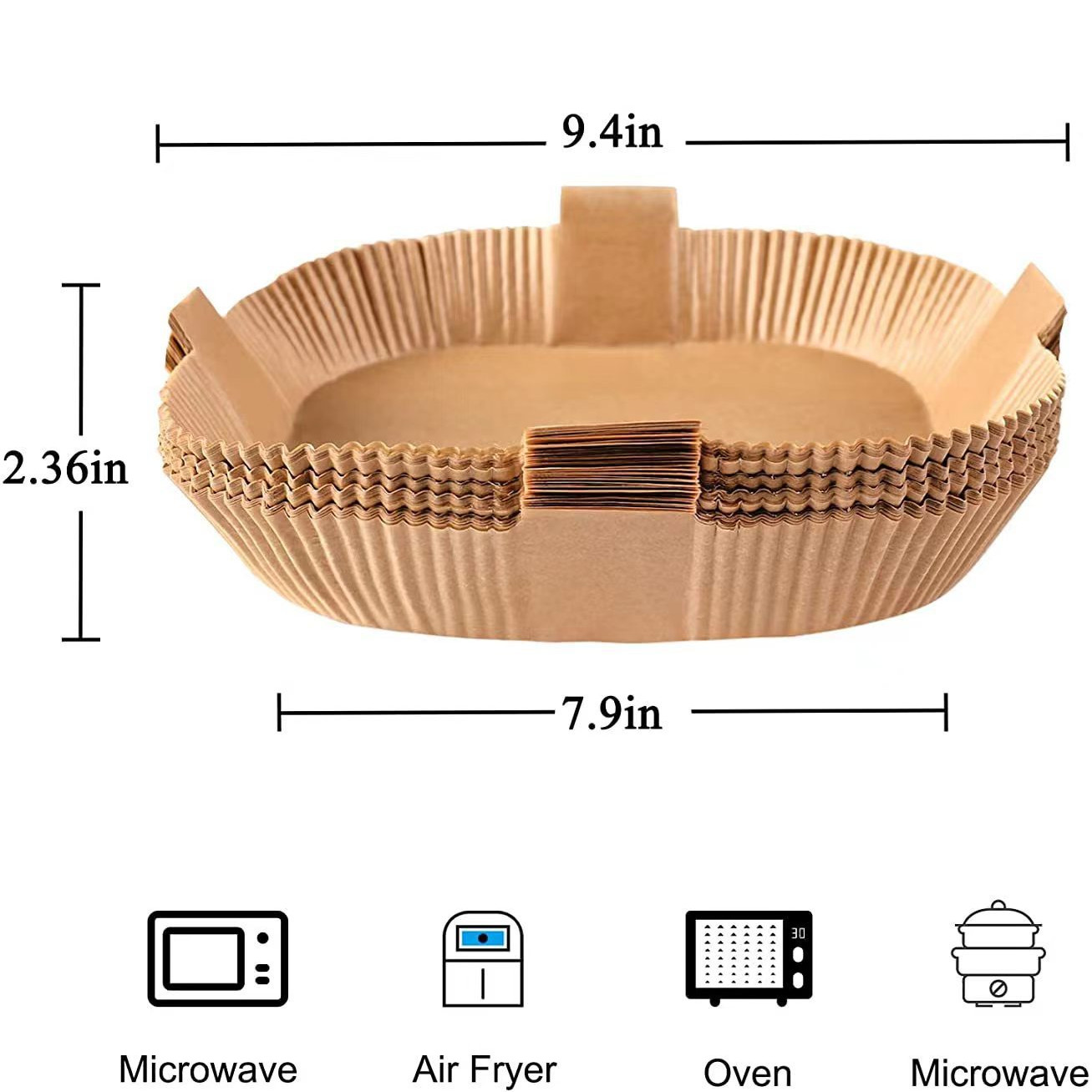 Braune Papier-Backförmchen. Text mit Abmessungen 9,4 Zoll x 2,36 Zoll x 7,9 Zoll. Symbole für Mikrowelle, etc.