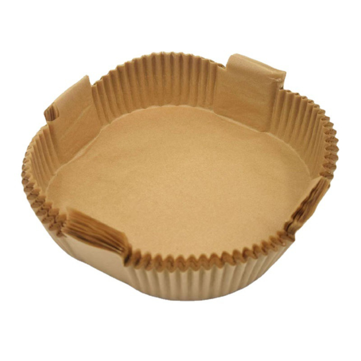 Braune Papier-Backform. Sie ist rund mit gerüschtem Rand.