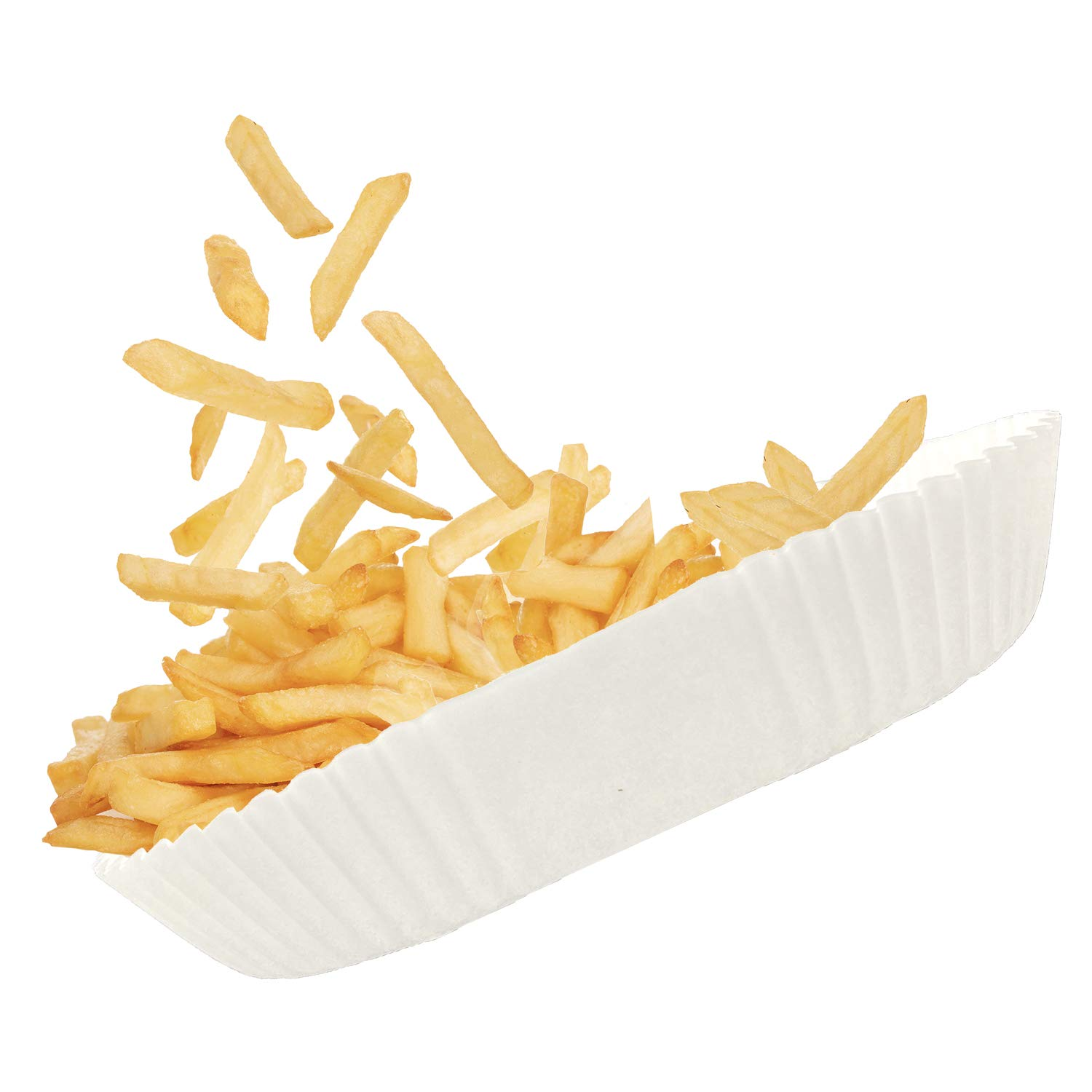 Pommes frites fallen aus einem weißen Papierbehälter.
