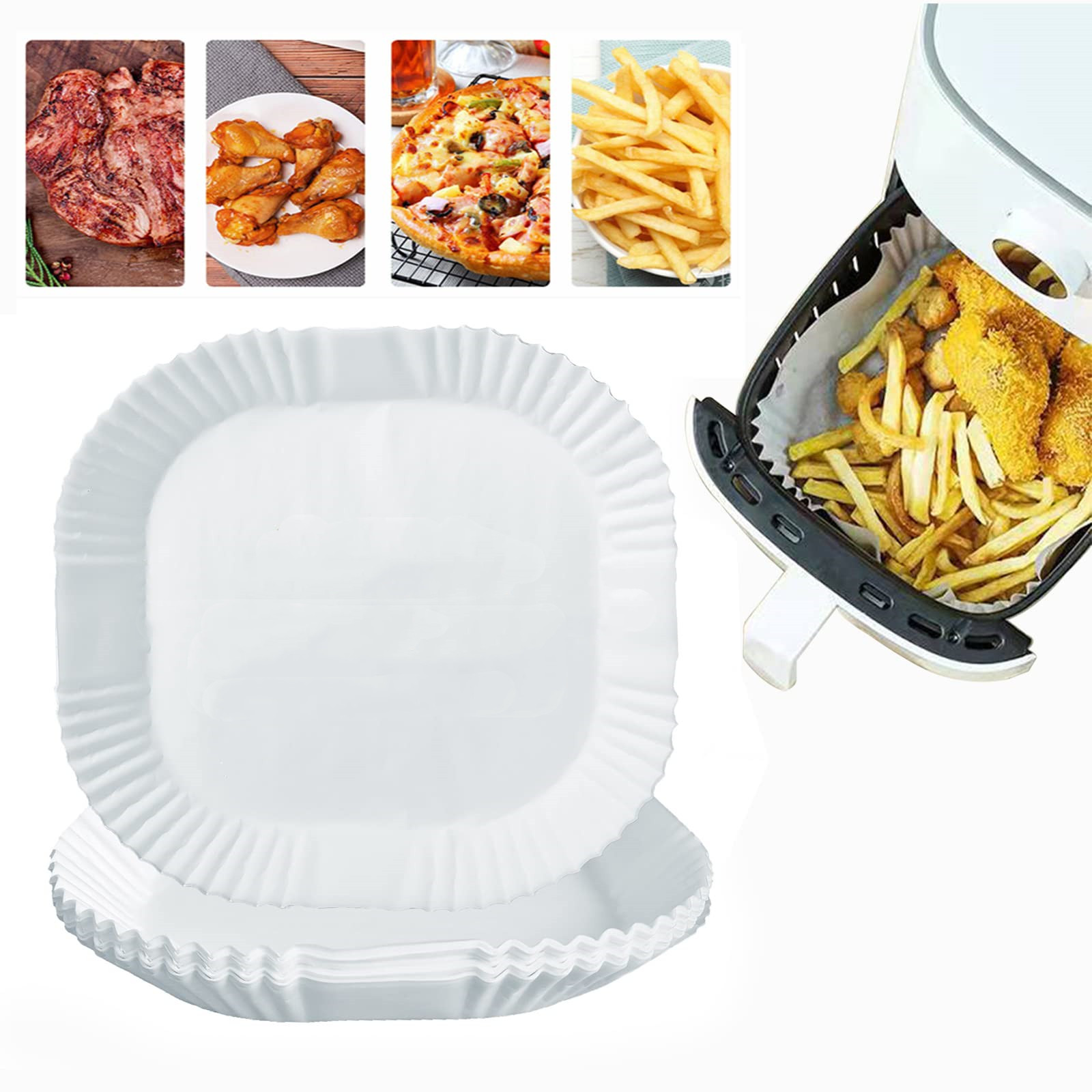 Weiße Pappteller, daneben Lebensmittel: rohes Fleisch, Hähnchen, Pizza, Pommes. Heißluftfritteuse sichtbar.