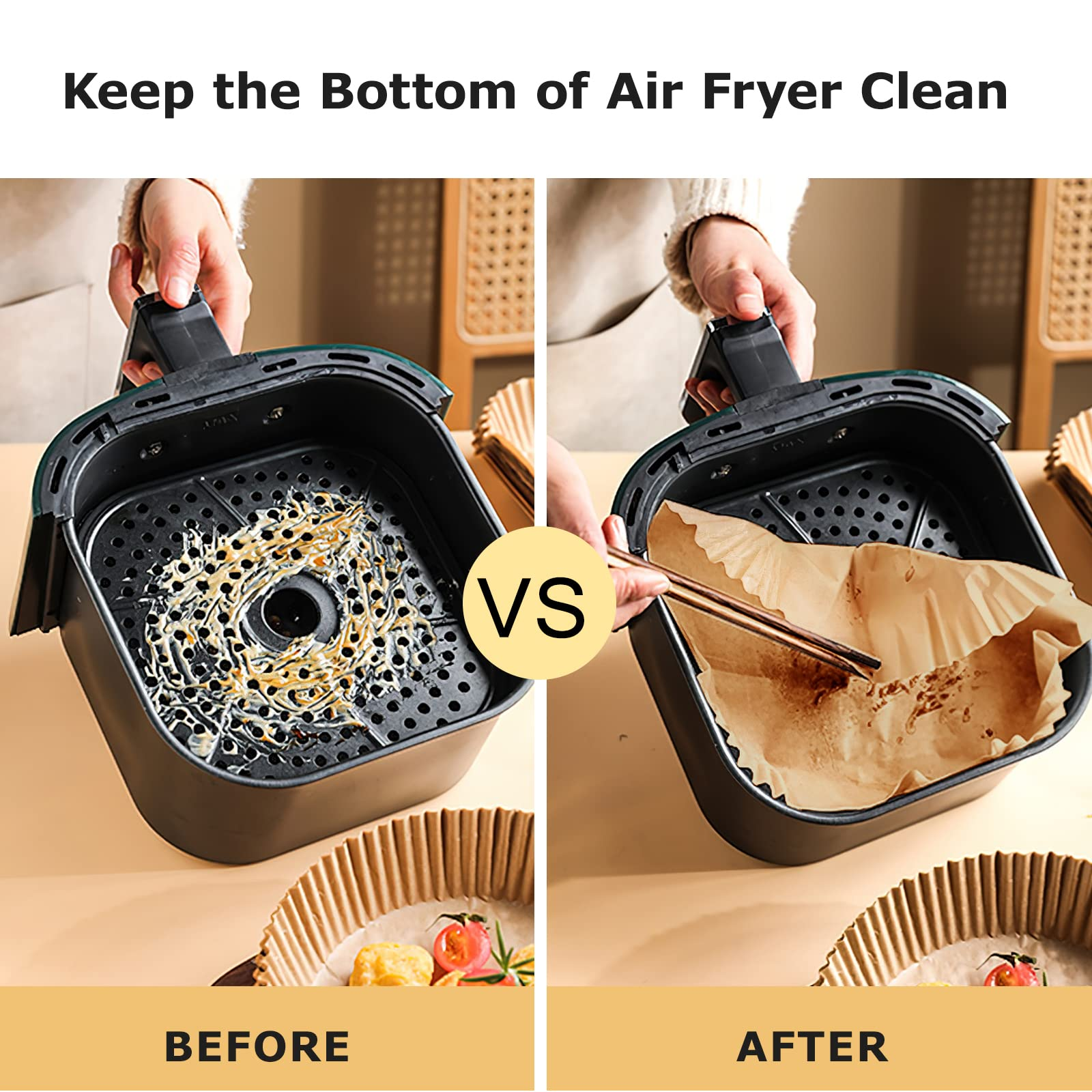 Airfryer vergelijking. Links: vuile friteuse. Rechts: schone friteuse met papier. Tekst: Voor VS Na.