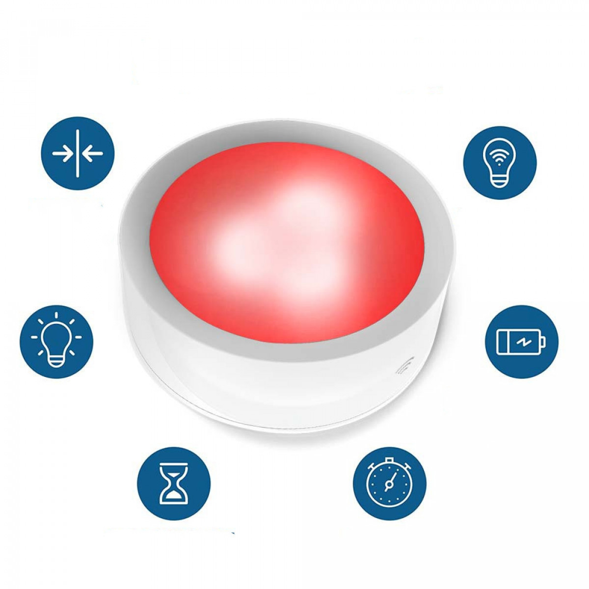 Een wit, cirkelvormig apparaat met een rood licht in het midden, omringd door iconen.