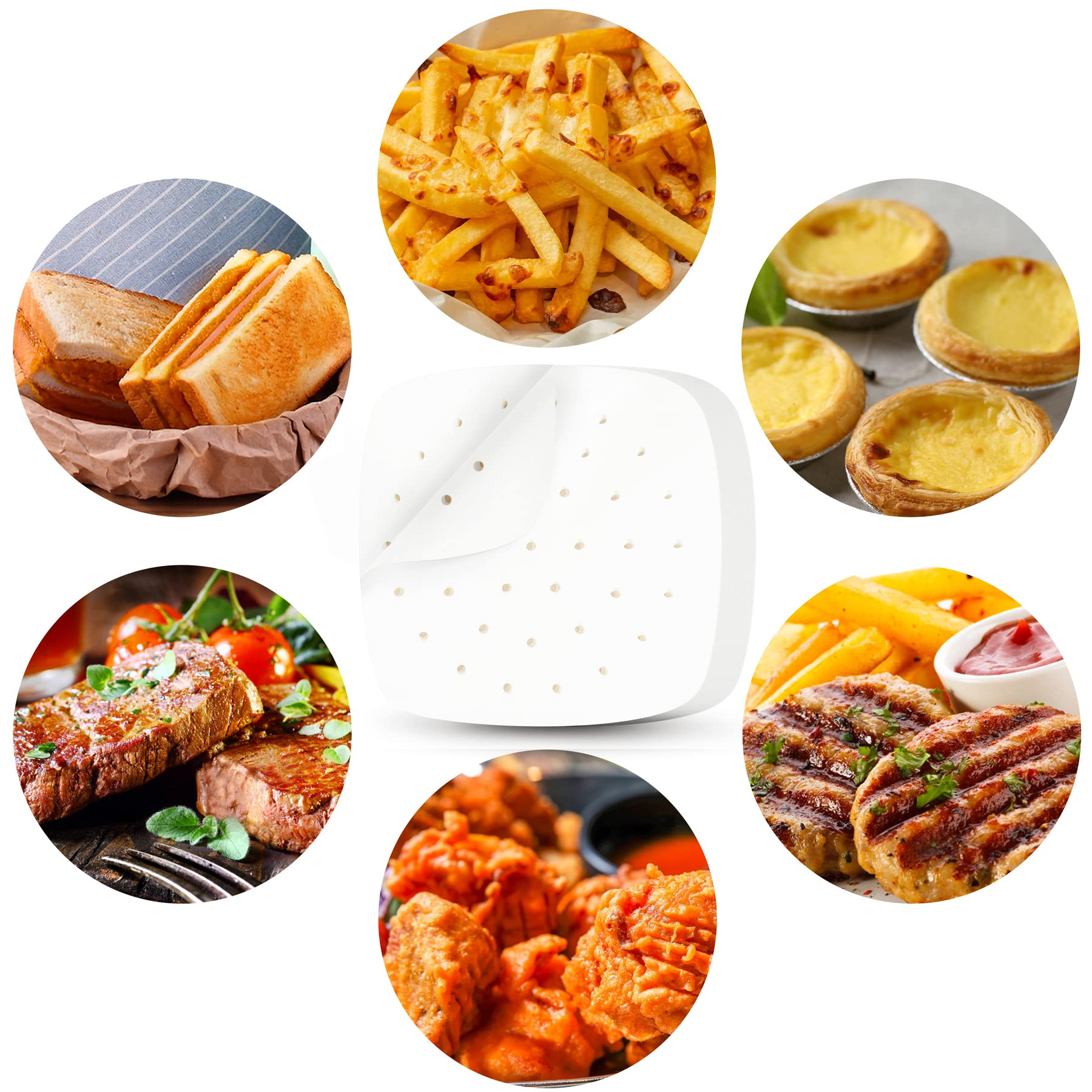 Quadratisches weißes Airfryer-Papier mit verschiedenen Lebensmitteln. Sandwiches, Pommes, Tartes, Steak, Huhn und Burger werden gezeigt.