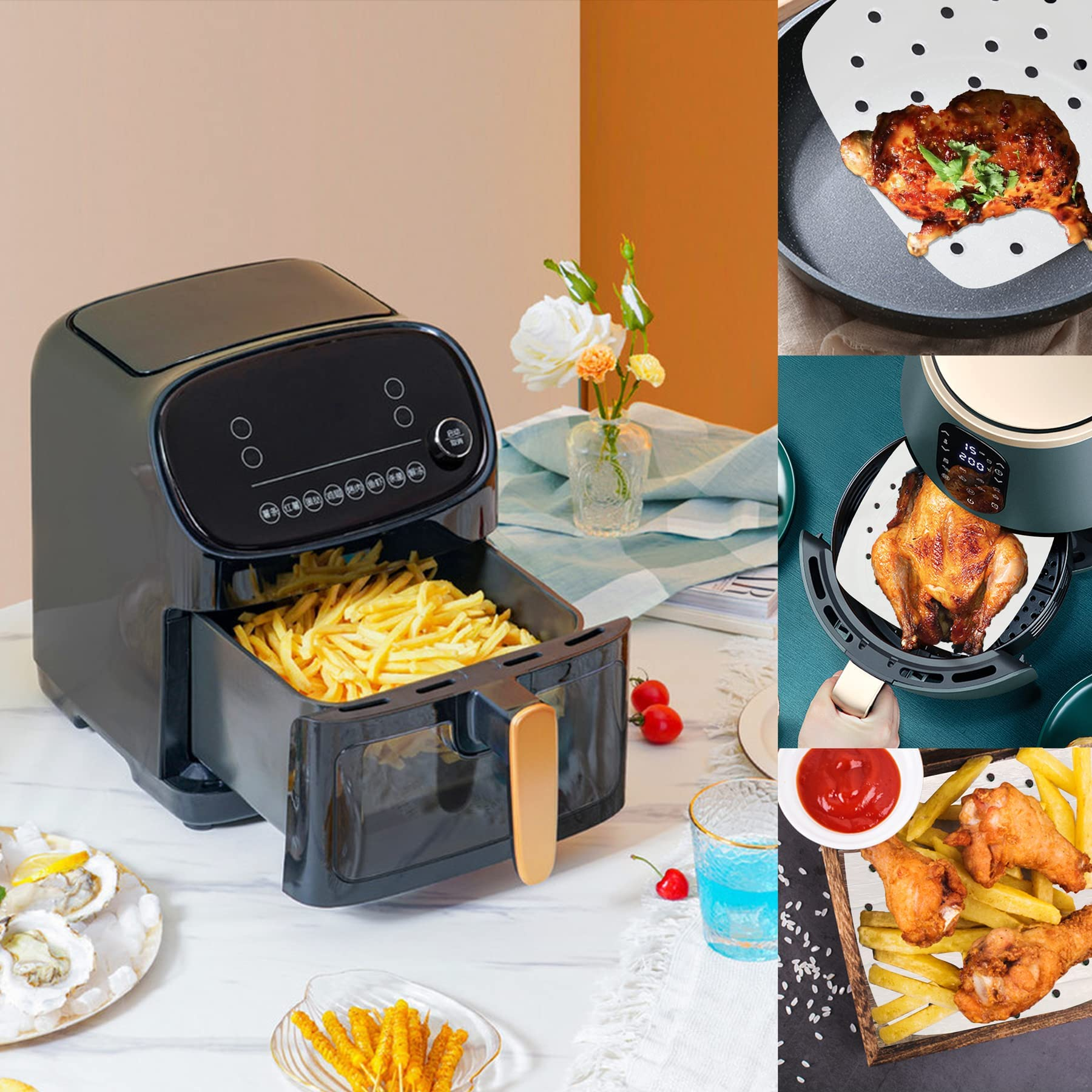 Eine Heißluftfritteuse mit Pommes, gebratenem Essen und Gemüse. Enthält Ketchup und ein Glas Wasser.
