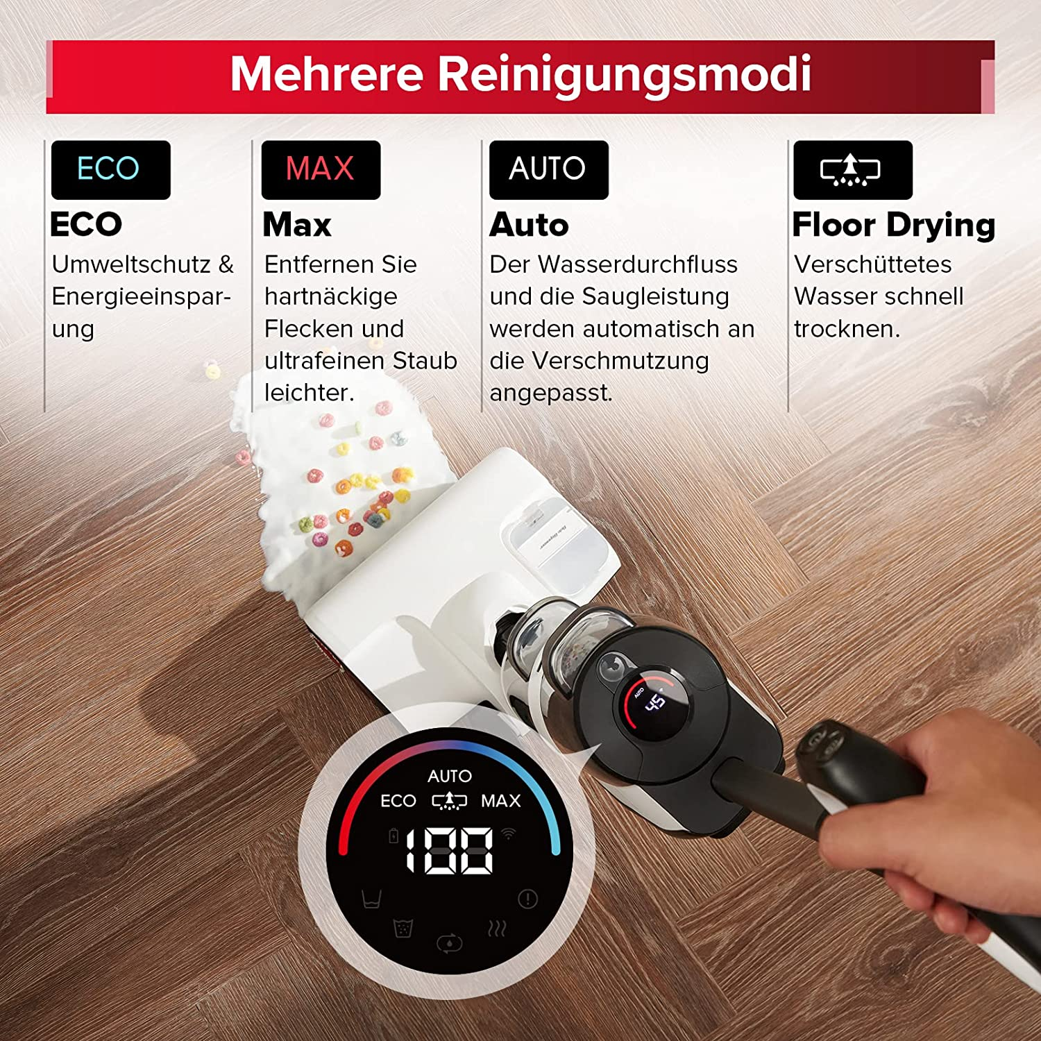 Staubsauger mit Display, das ECO-, MAX- und AUTO-Modi anzeigt. Holzboden.