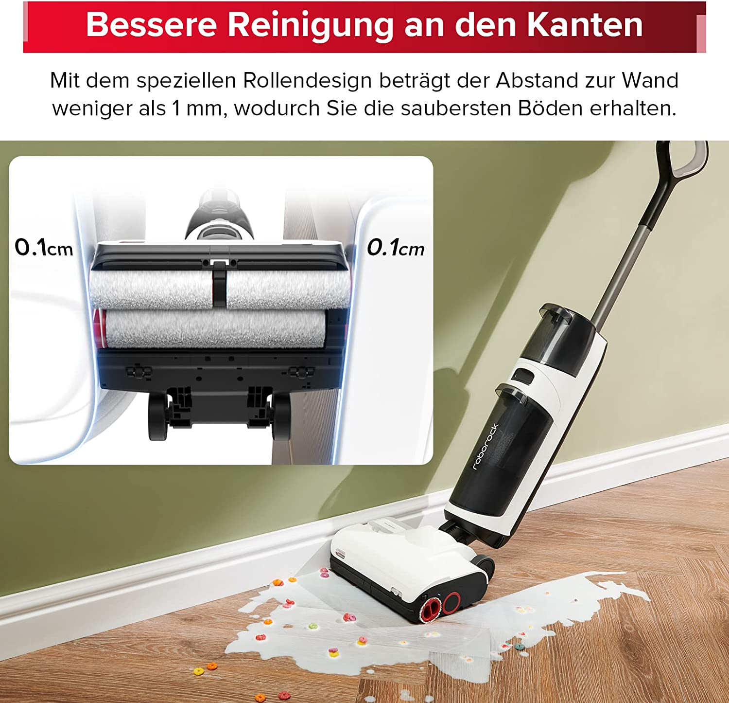 Staubsauger reinigt Boden mit verschütteten Cerealien. Text zeigt Reinigungsabstand. Der Staubsauger ist weiß/schwarz.