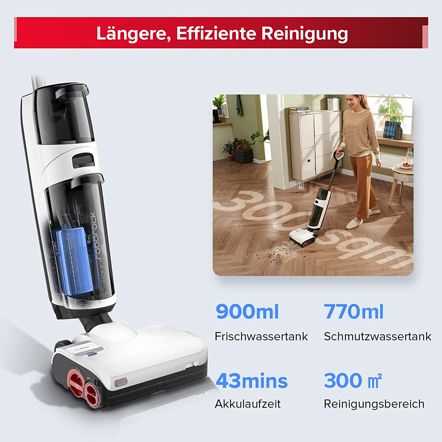 Ein weiß-schwarzer Staubsauger, Frau saugt. Daten: 900ml Frischwasser, 770ml Schmutzwasser, 43 Min., 300 qm.