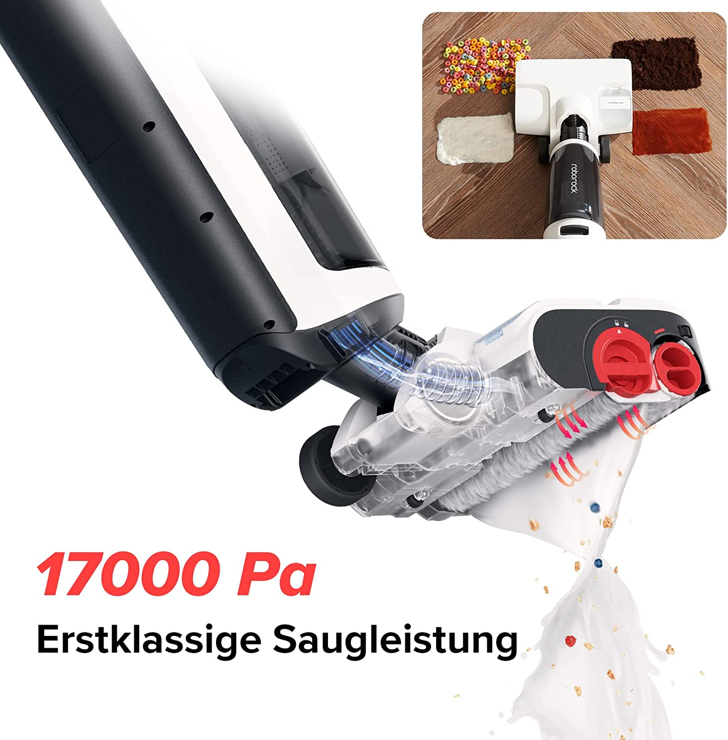 Roboter-Staubsauger mit Aufsätzen und einem Strom von aufgesaugten Trümmern. Weißes und schwarzes Design.