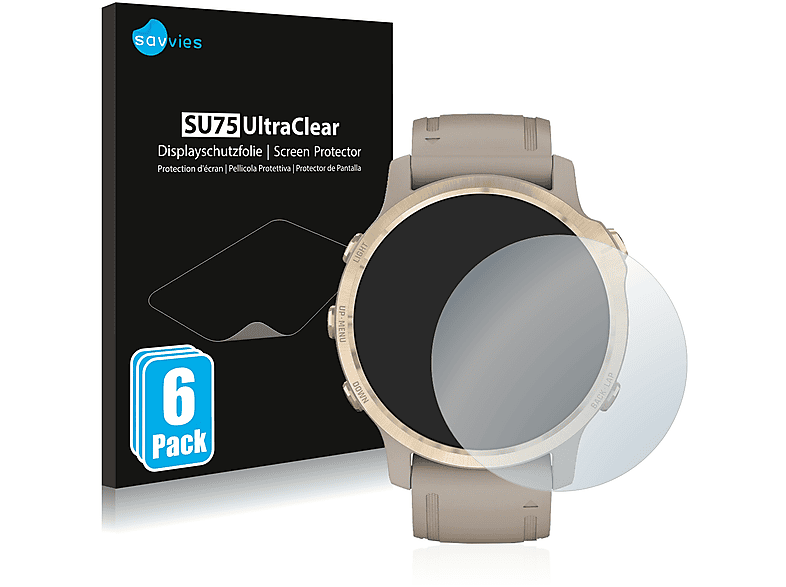 SAVVIES 6x klare Schutzfolie (für Garmin Fenix 6S Pro Solar)