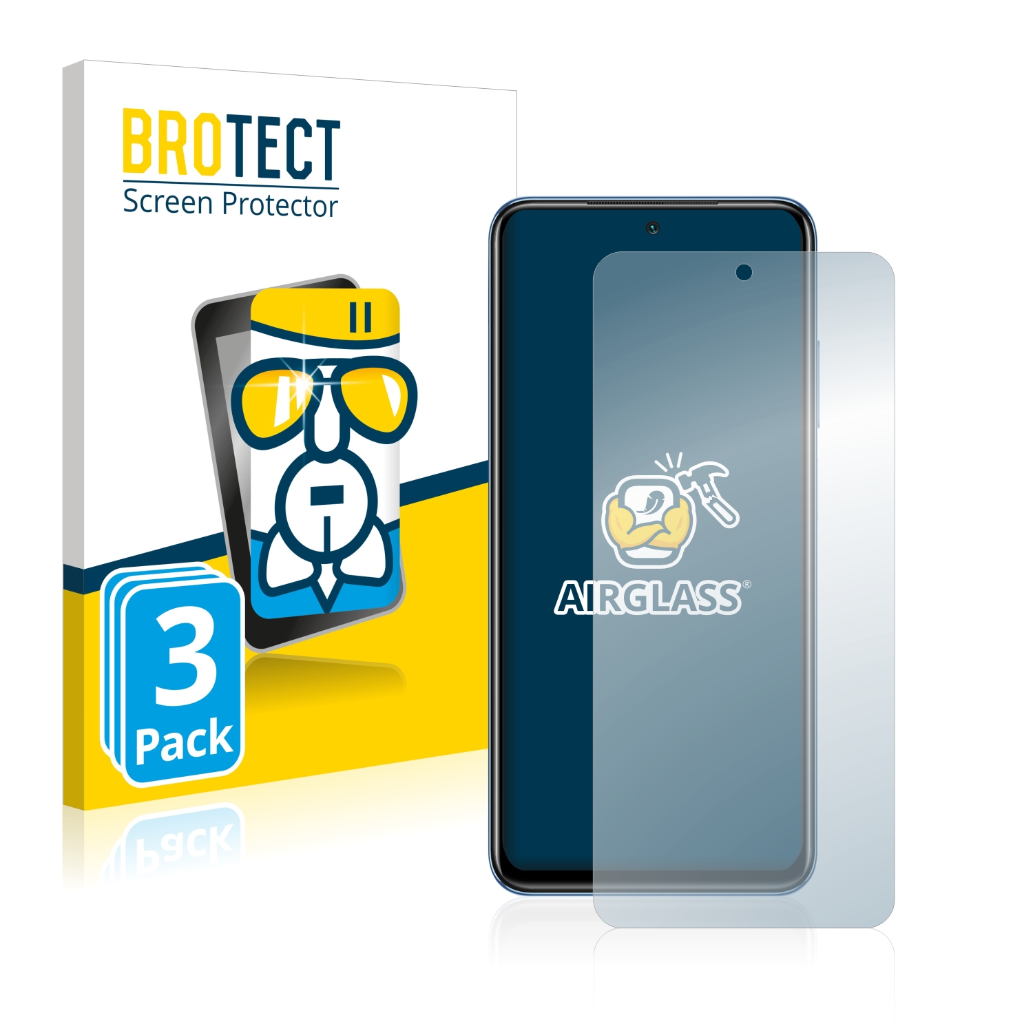 Smartphone mit Displayschutz, eine Box mit Cartoon und Text. Drei Displayschutzfolien.