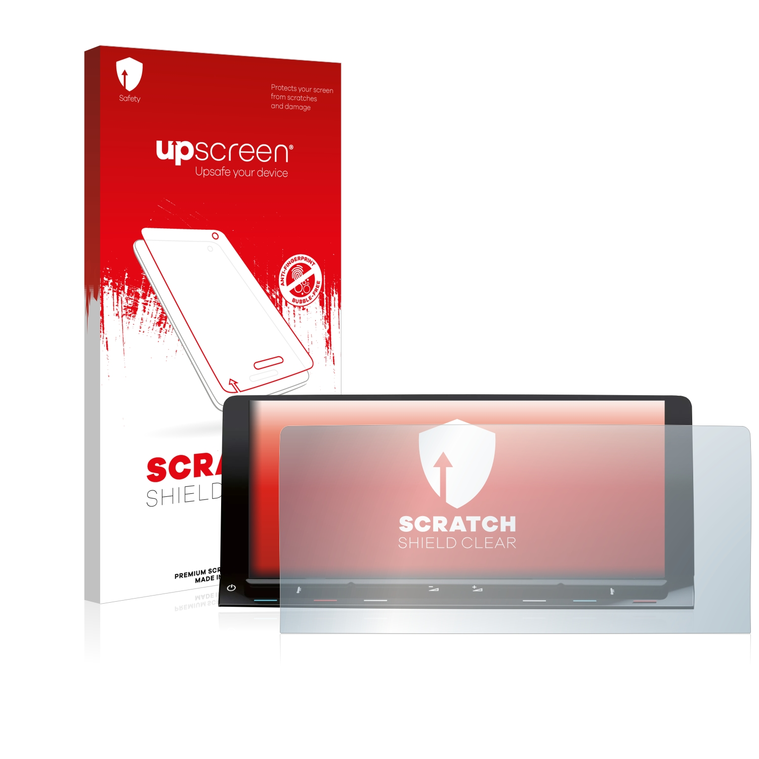 Tablet mit Displayschutzfolie, Box mit Produktdetails, Displayschutzfolie vorne.
