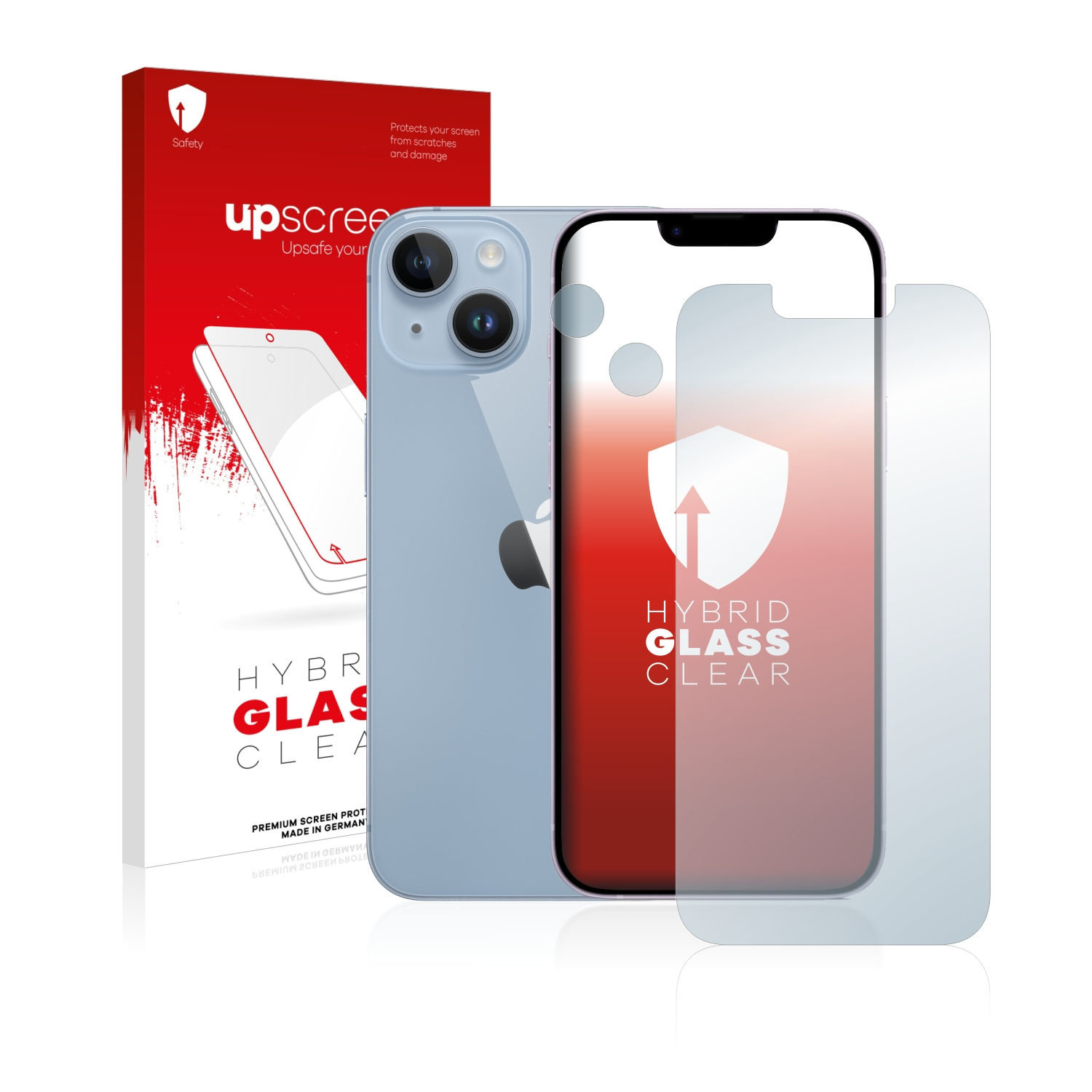 Blaues iPhone mit klarer Displayschutzfolie, eine Box mit 'Hybrid Glass Clear'.