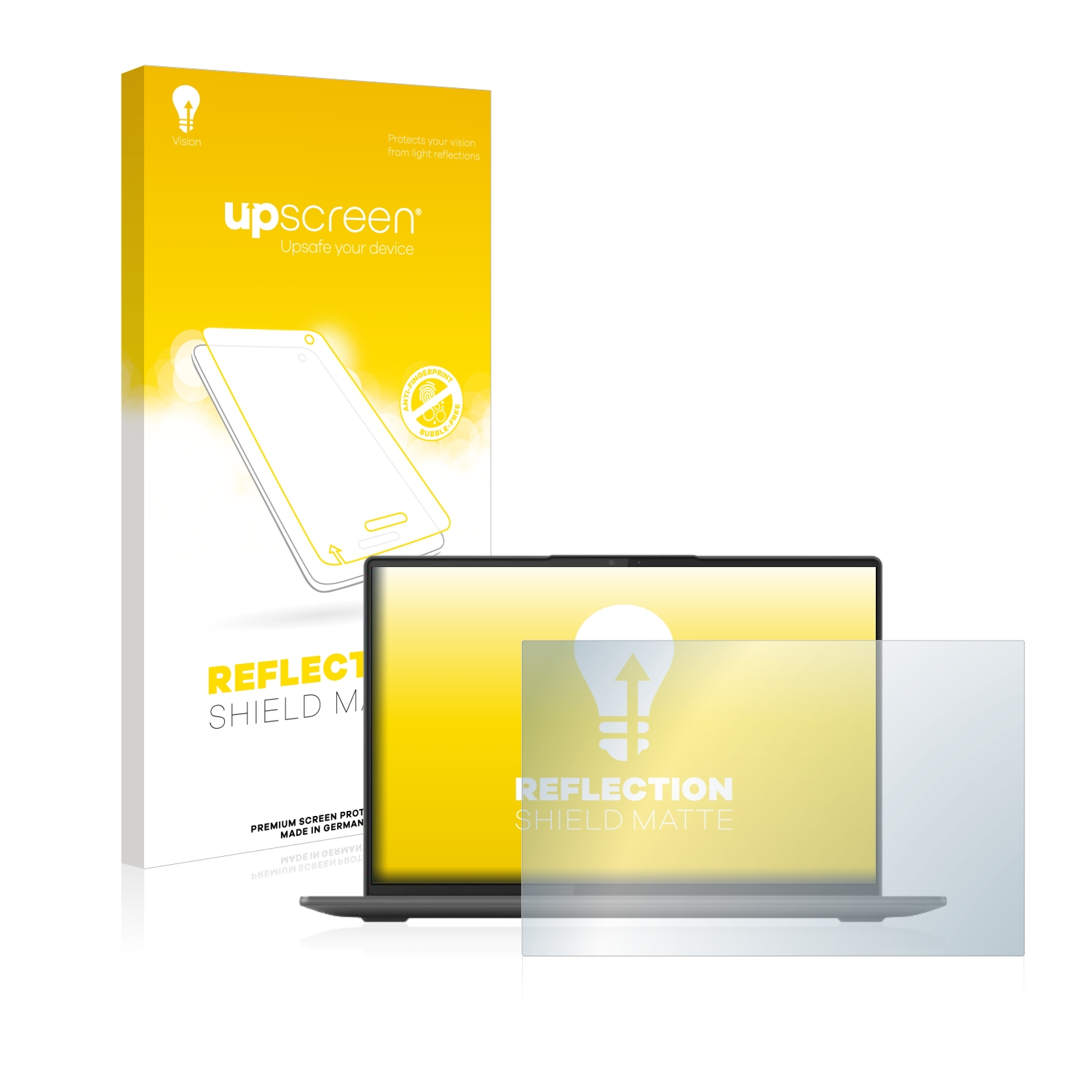 Ein Laptop mit einem Displayschutz und einer Box. Auf der Box steht upscreen.
