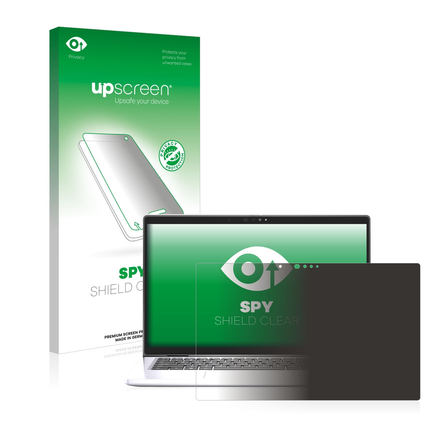 Ein Laptop, eine Displayschutzfolie und eine Verpackung mit einer Displayschutzfoliengrafik.
