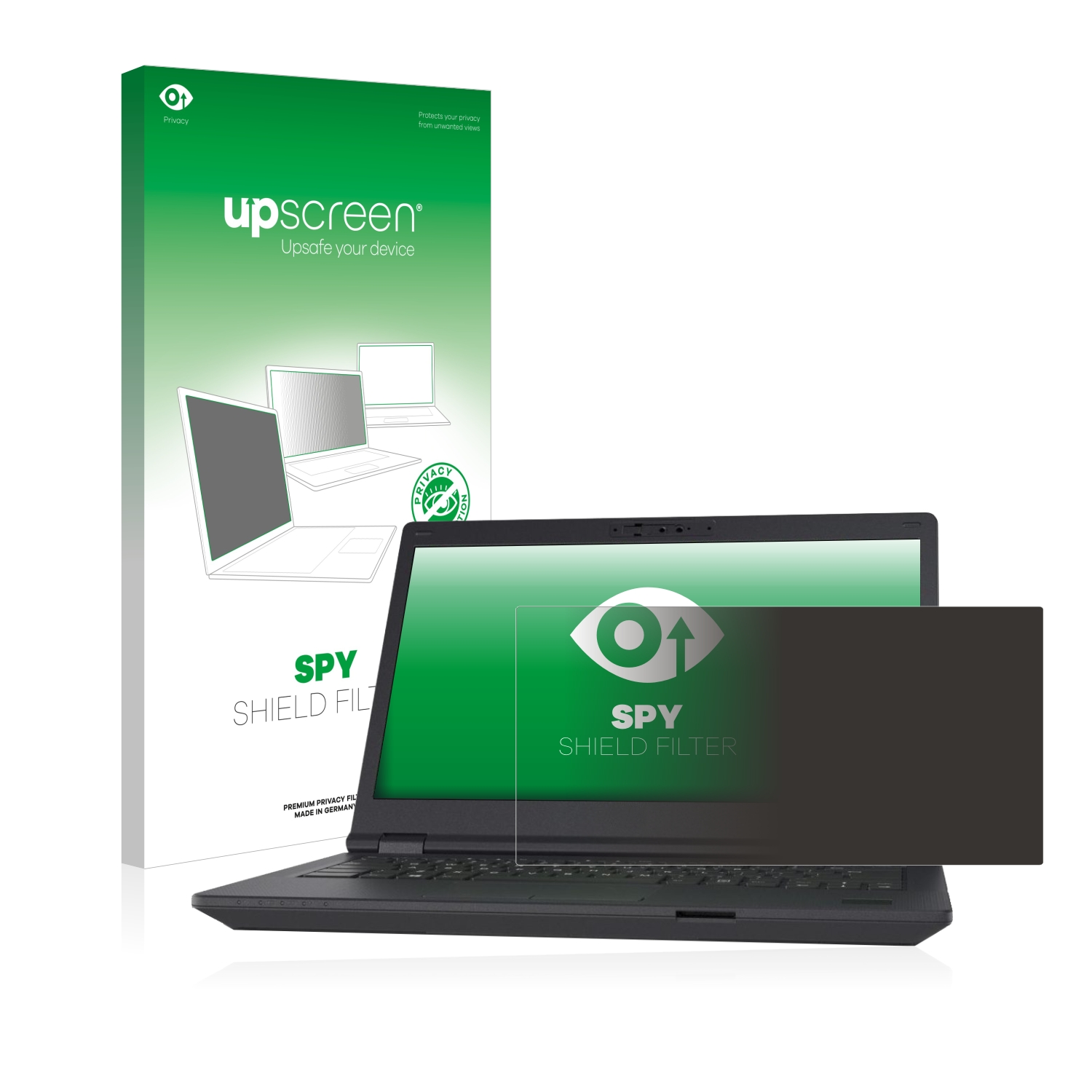 Laptop mit Displayschutz. Eine Schachtel mit Displayschutzfolien befindet sich im Hintergrund. Der Schutz ist schwarz.