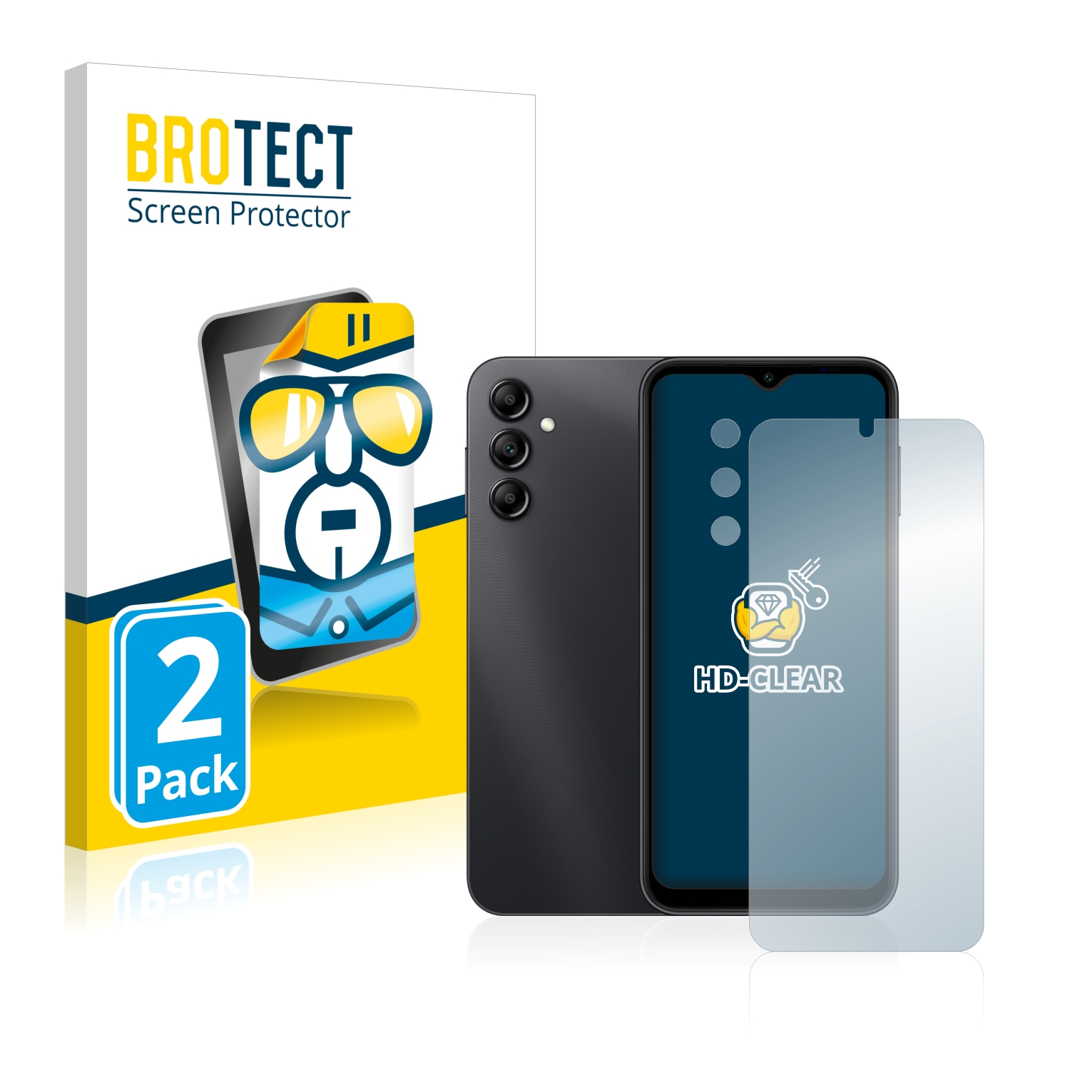 Smartphone mit Displayschutzfolie, Box mit Logo. Displayschutzfolie vor dem Telefon.