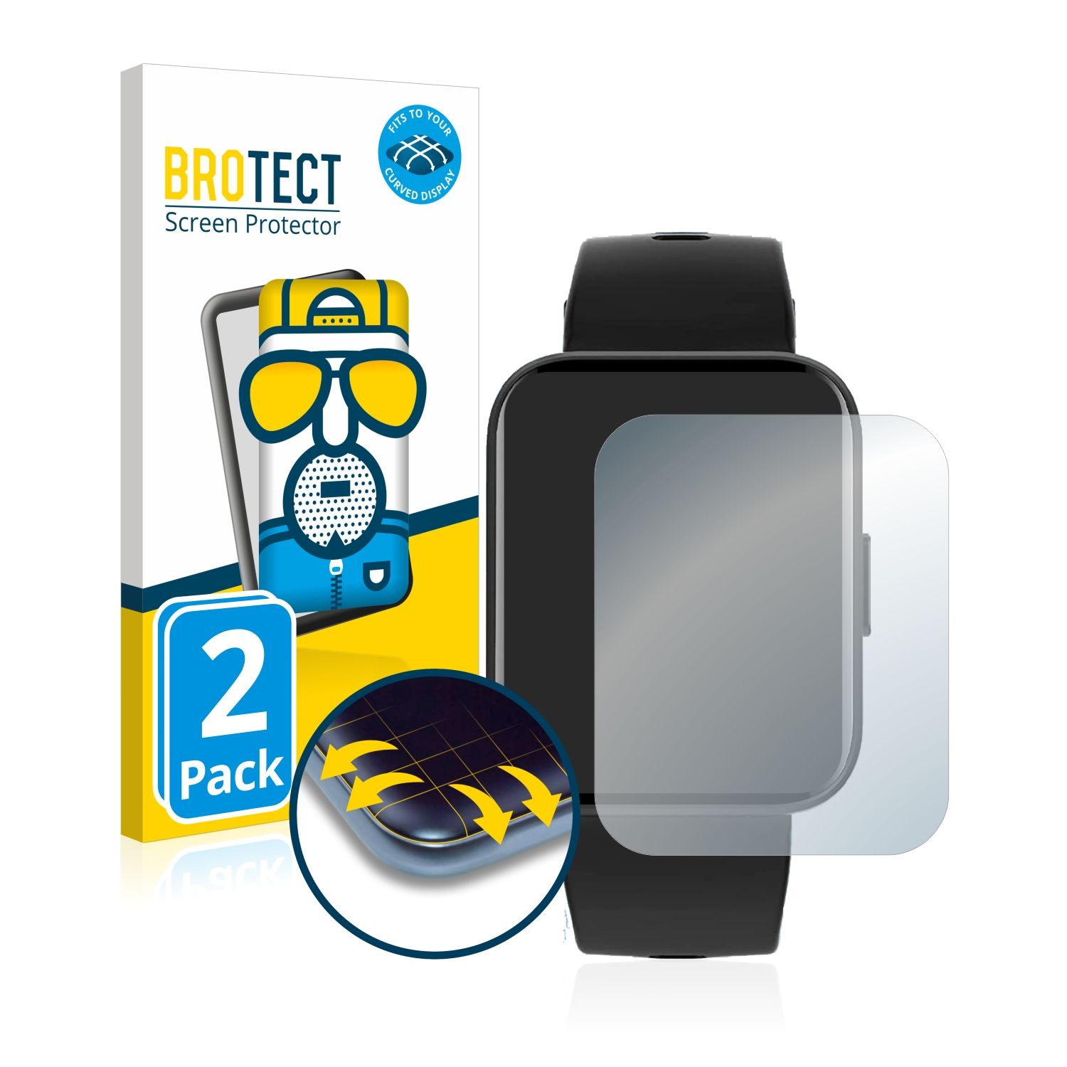 Smartwatch mit Displayschutzfolie und Box. Der Schutz bedeckt das Zifferblatt und ist transparent.