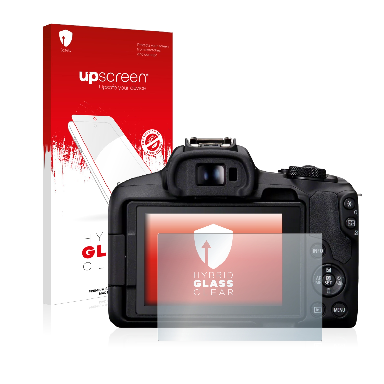 Kamera mit klarer Displayschutzfolie und Box. Auf der Box steht 'Hybrid Glass Clear'.