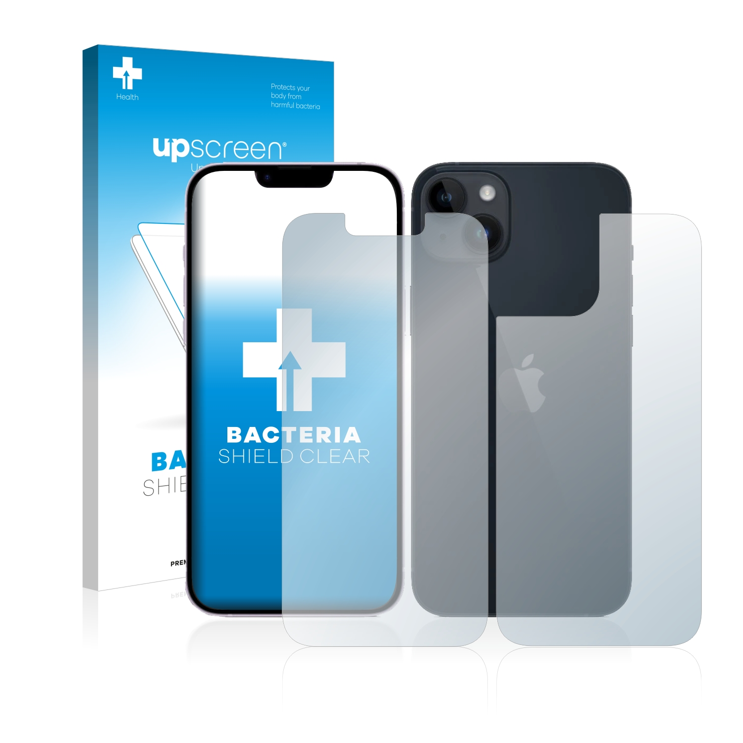 Smartphone mit Displayschutzfolie und Box. Weißer Hintergrund mit blauen Akzenten.