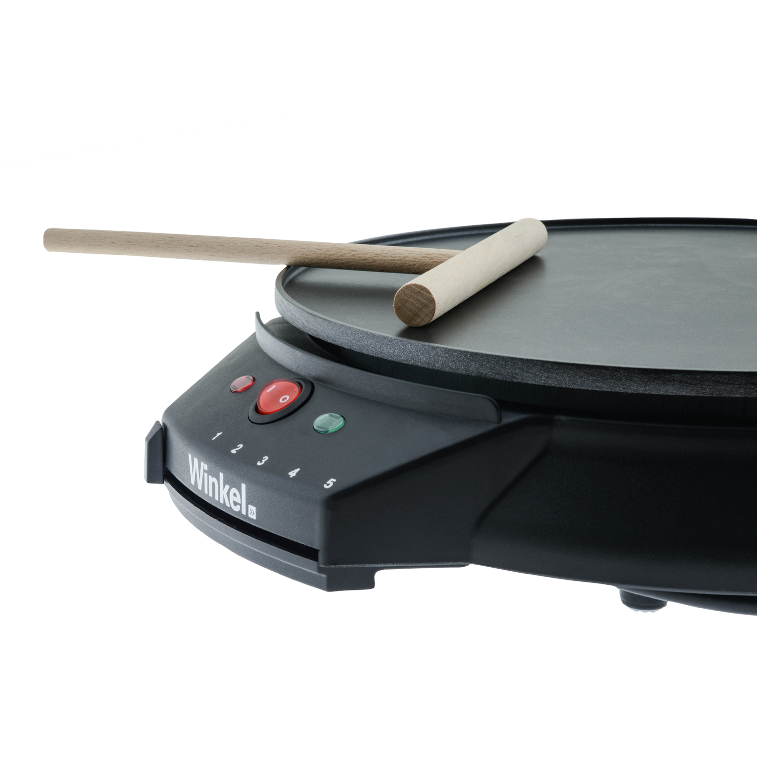 Schwarzer Crêpes-Maker mit Holzwerkzeugen. Bedienelemente: rote und grüne Knöpfe, Zahlen 1-5.