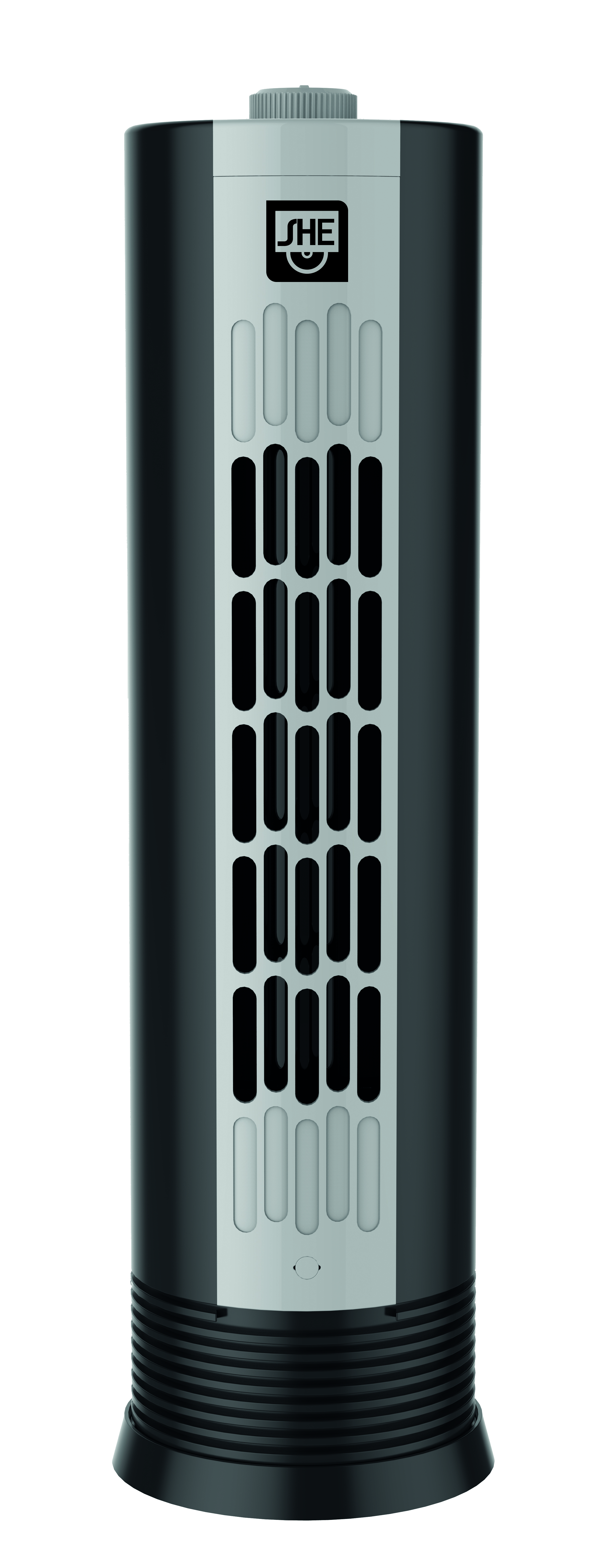 Schwarzer Turmventilator mit silbernen Akzenten. Er hat ein vertikales Design mit Lüftungsschlitzen.