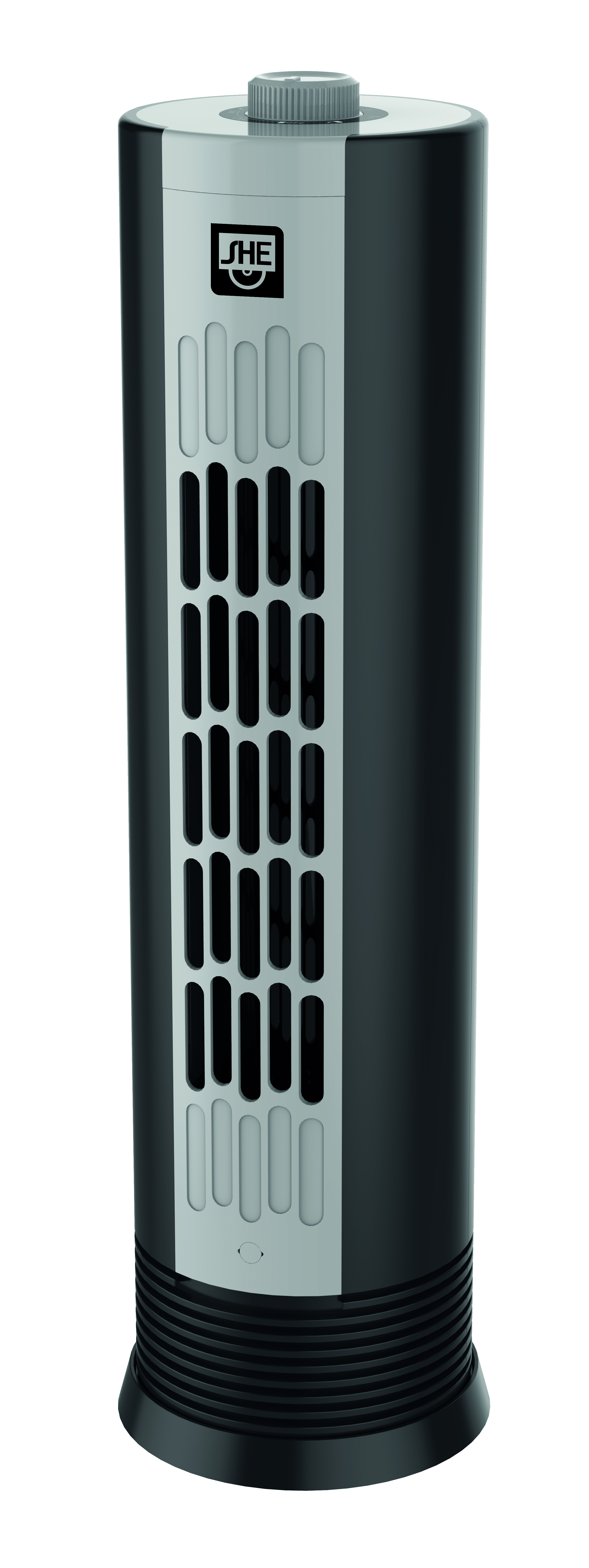 Schwarzer und silberner Turmventilator. Er hat vertikale Lüftungsschlitze.
