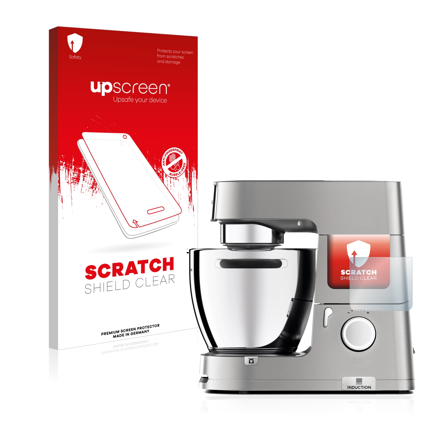 Eine Küchenmaschine und eine Displayschutzfolienbox mit dem Text "Scratch Shield Clear".