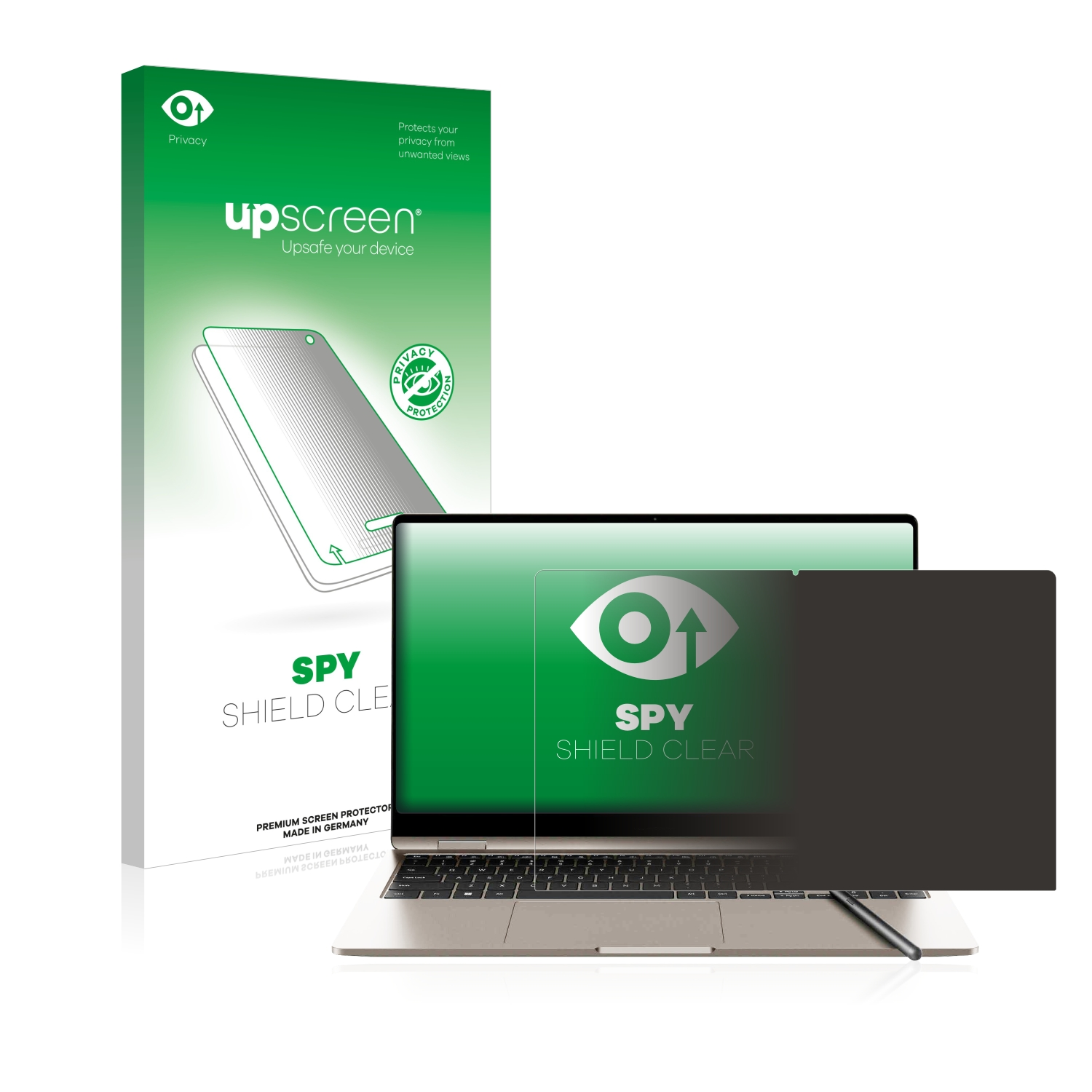 Laptop mit Displayschutzfolie. Die Displayschutzfolie ist dunkel. Eine Box links mit "upscreen"-Text.