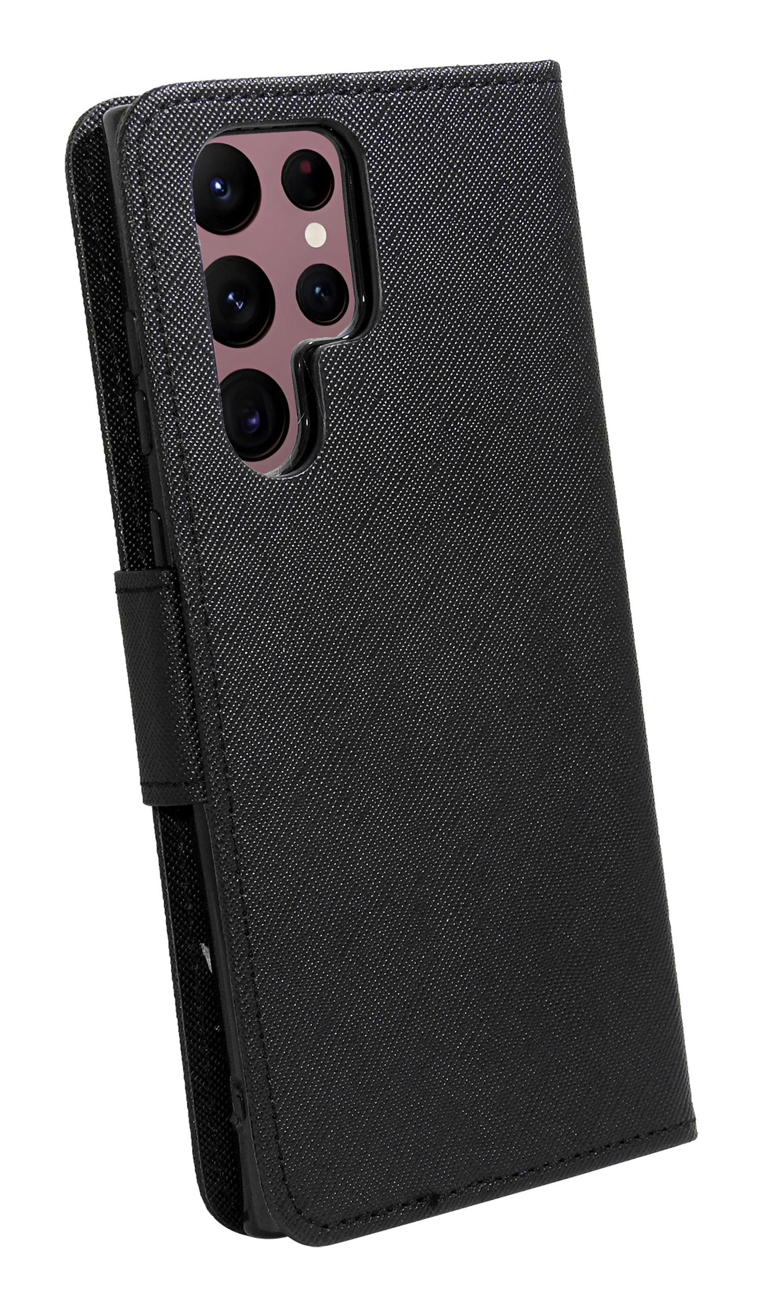 Custodia per telefono nera con superficie strutturata. Le lenti della fotocamera sono visibili.