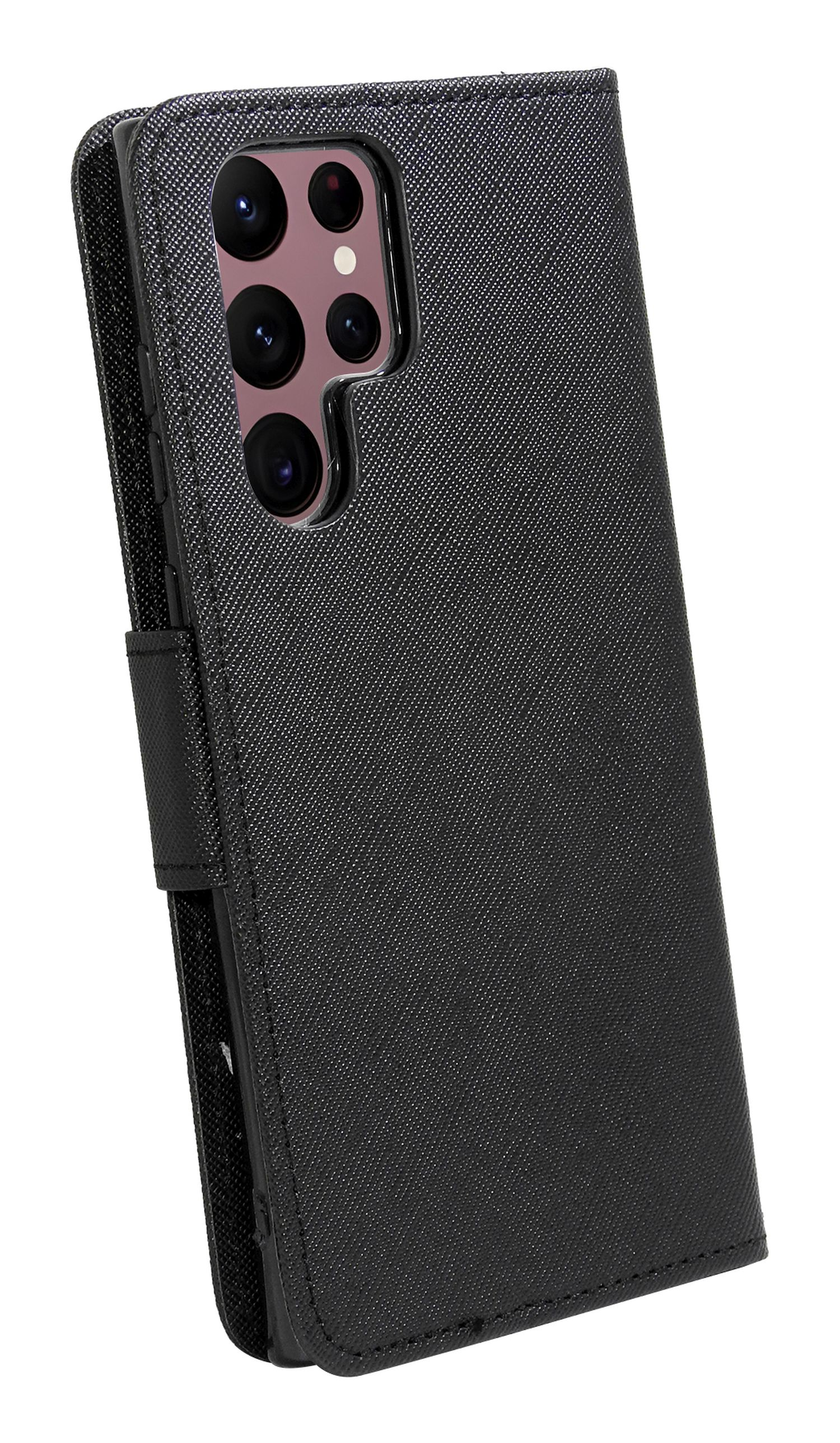 Custodia per telefono nera con cinturino nero, con sezione fotocamera rosa. La custodia è chiusa e strutturata.