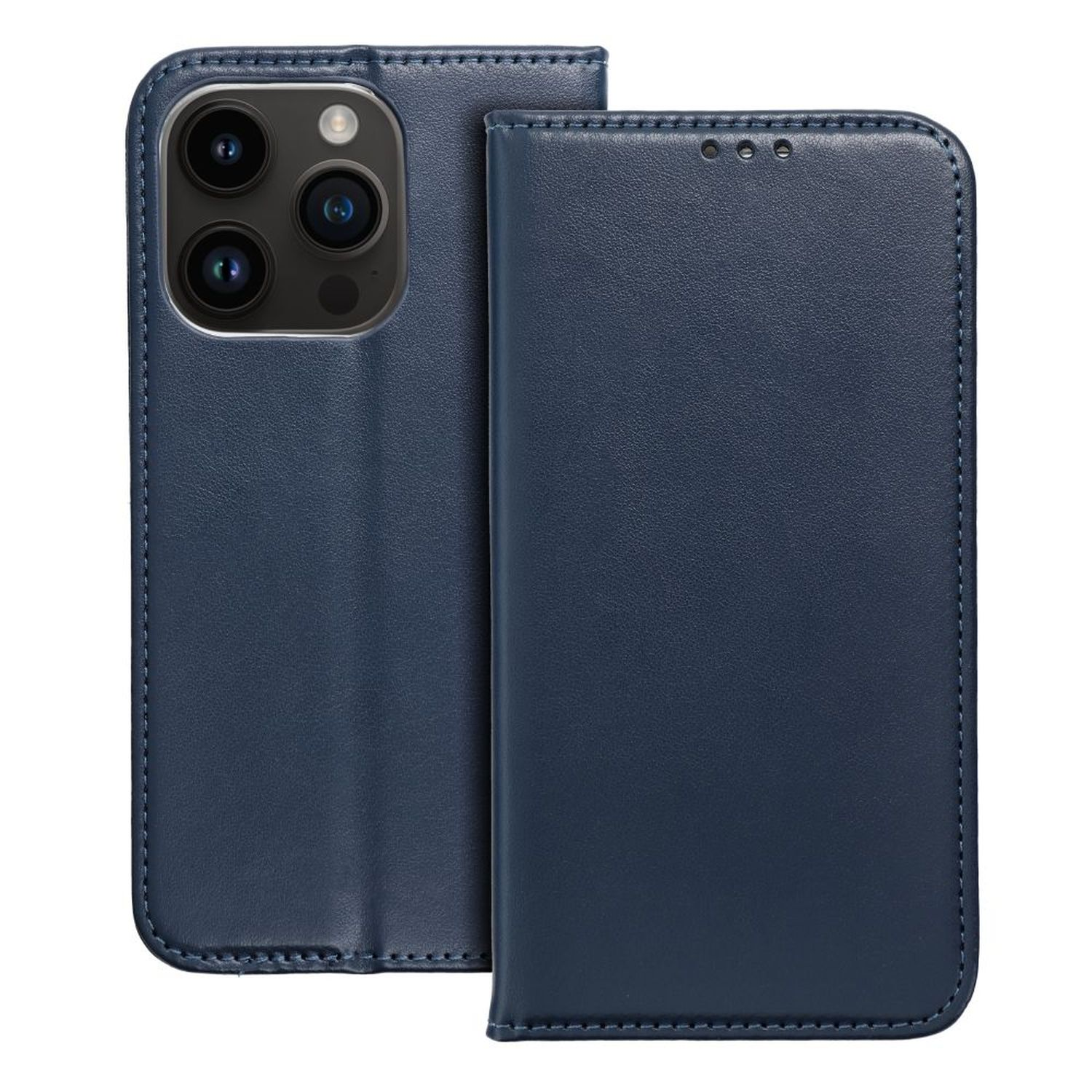 Eine blaue Handyhülle, geöffnet, um das Telefon zu zeigen, auf weißem Hintergrund.