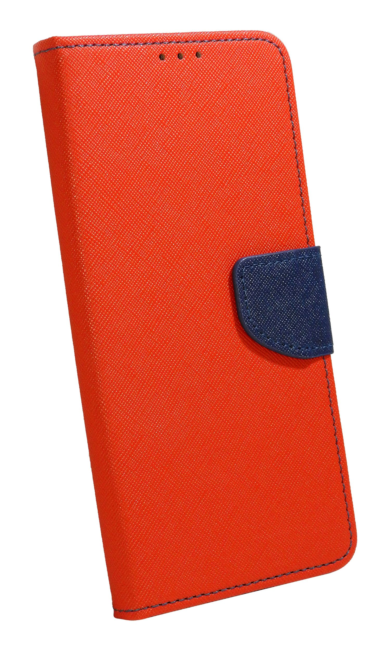 Rote Handyhülle mit blauem Cover-Klappe. Die Hülle ist strukturiert. Oben sind drei Löcher.