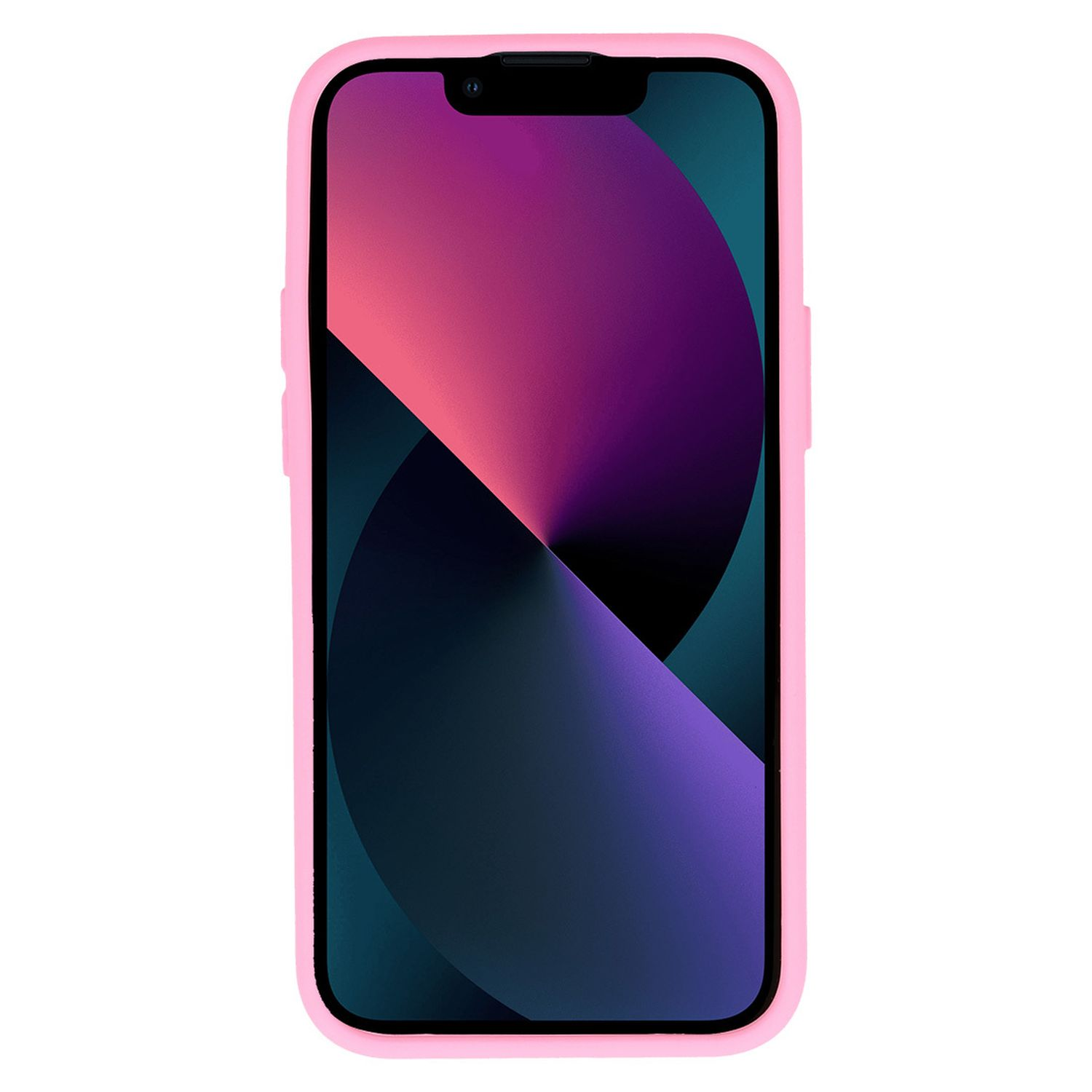 Un iPhone con custodia rosa e schermo con gradiente rosa e blu.