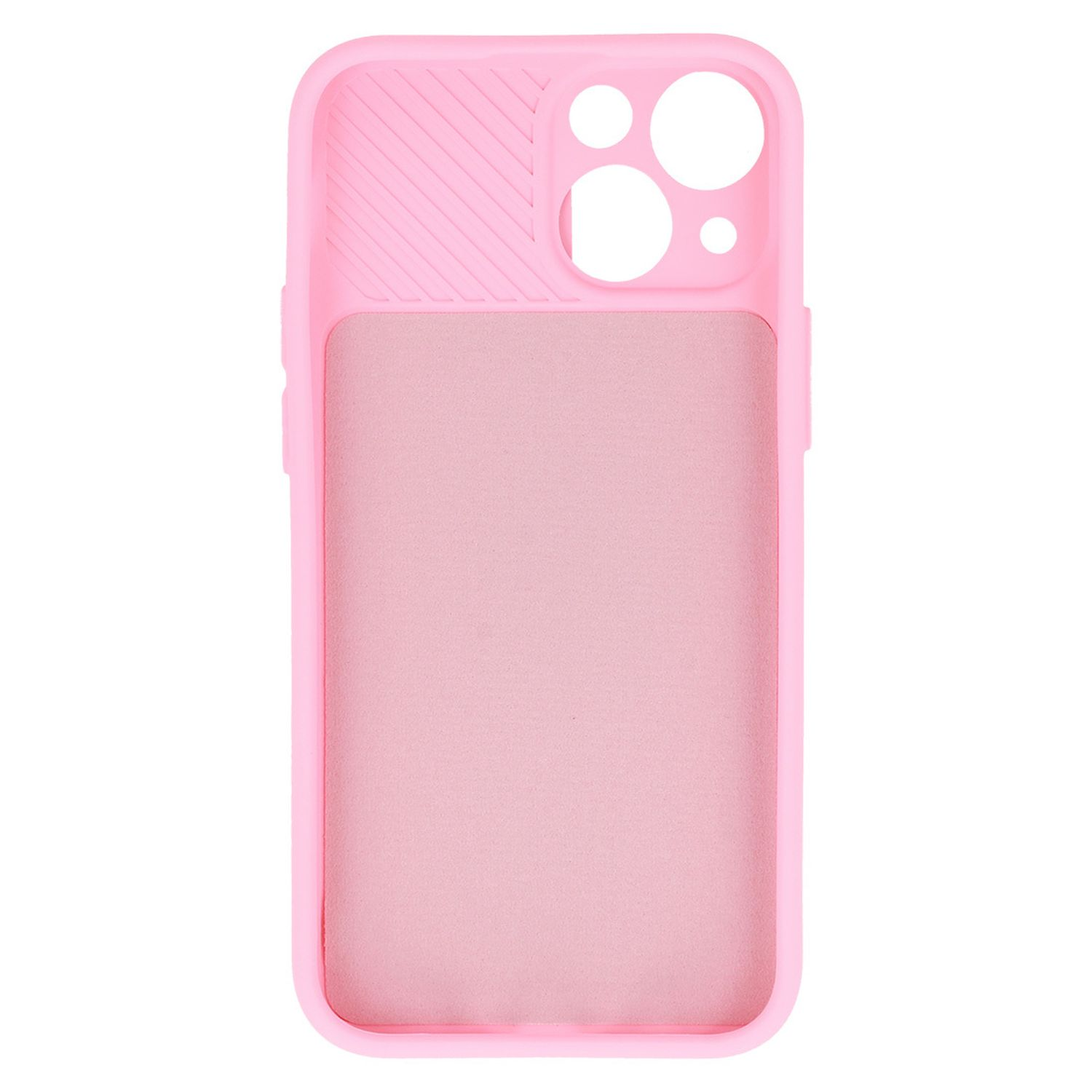 Custodia rosa per telefono con ritaglio per fotocamera.