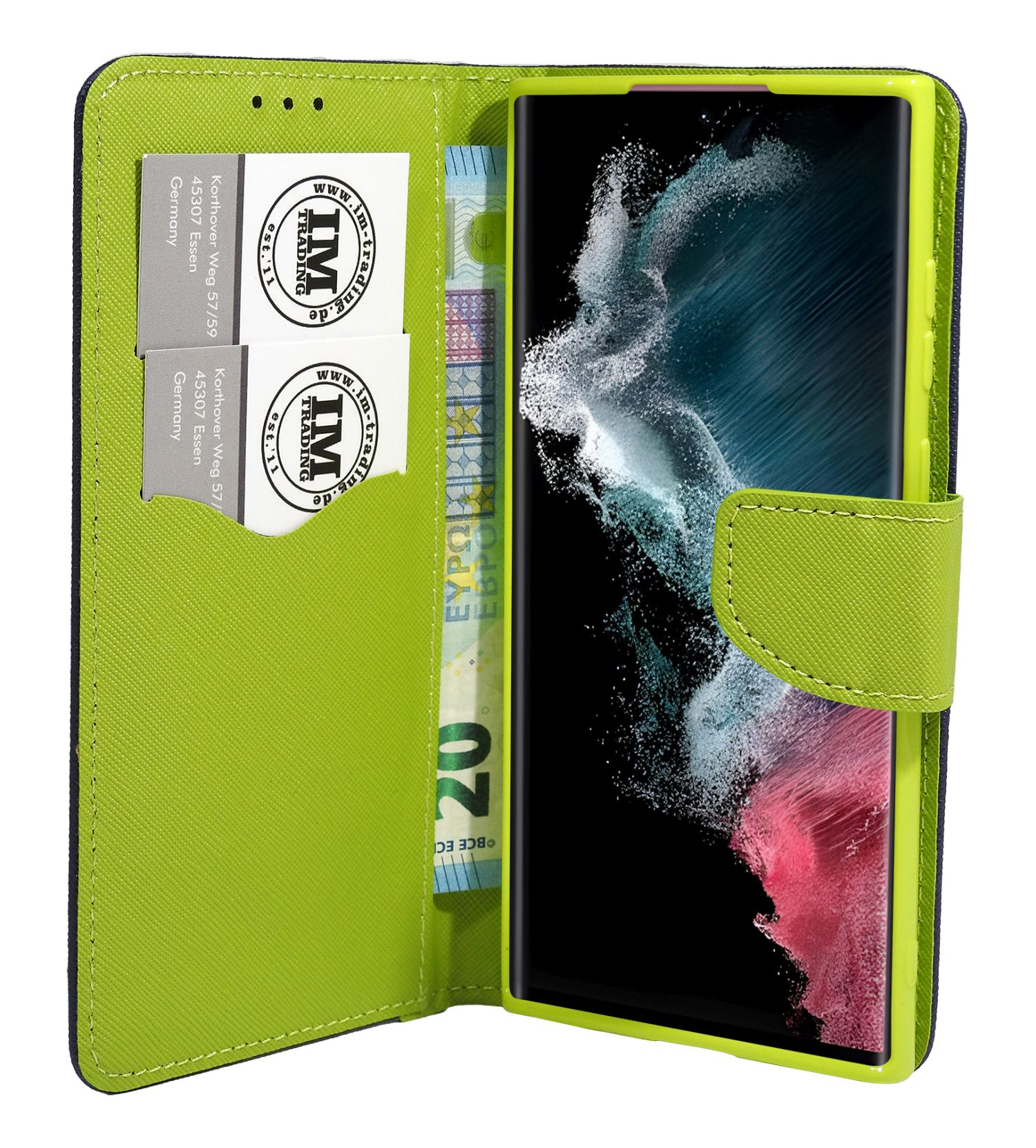 Ein Telefon in einer grünen Hülle mit Geldbörsendesign. Es gibt Karten und Geld darin.