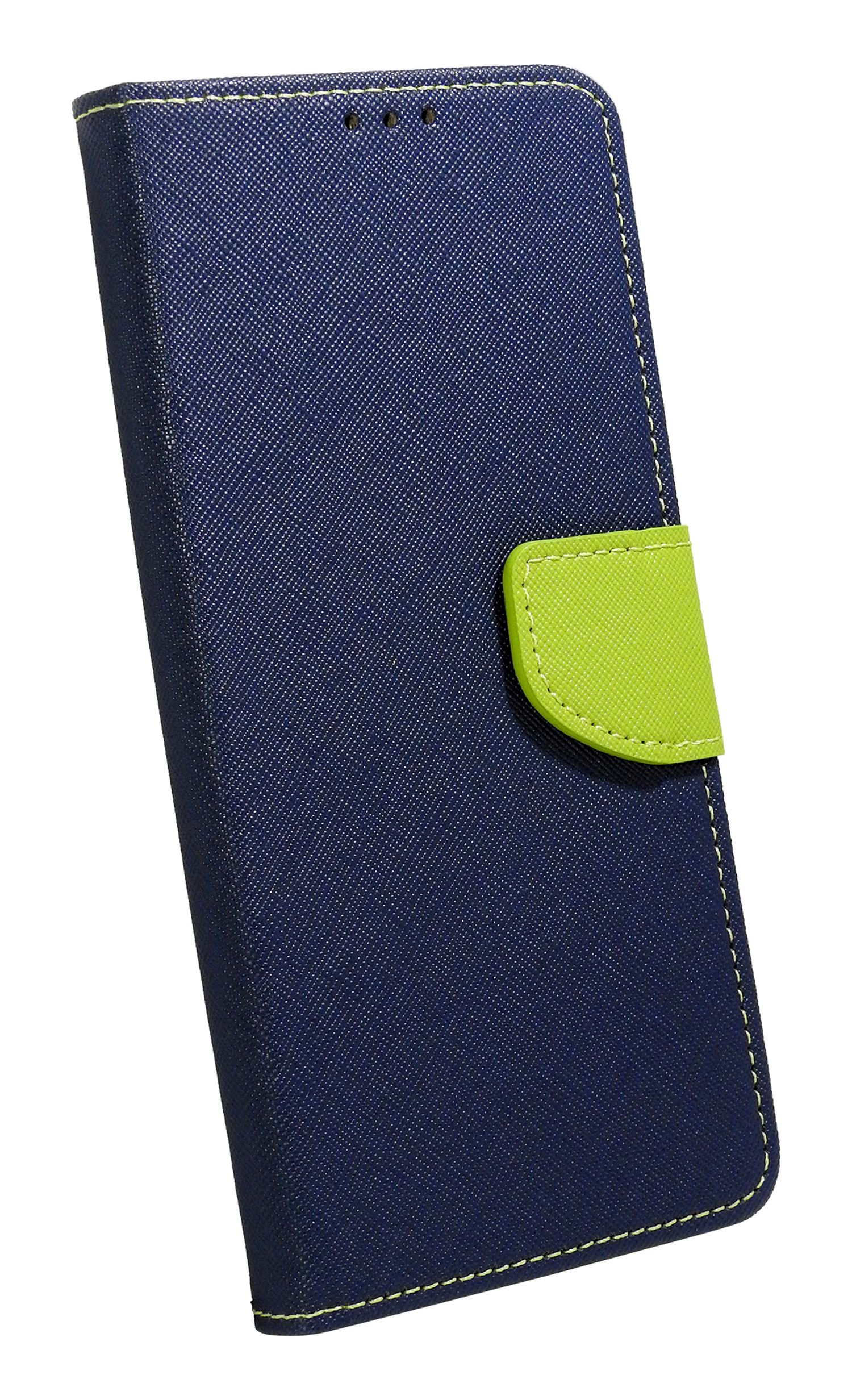 Eine blaue Handyhülle mit grünem Verschluss.
