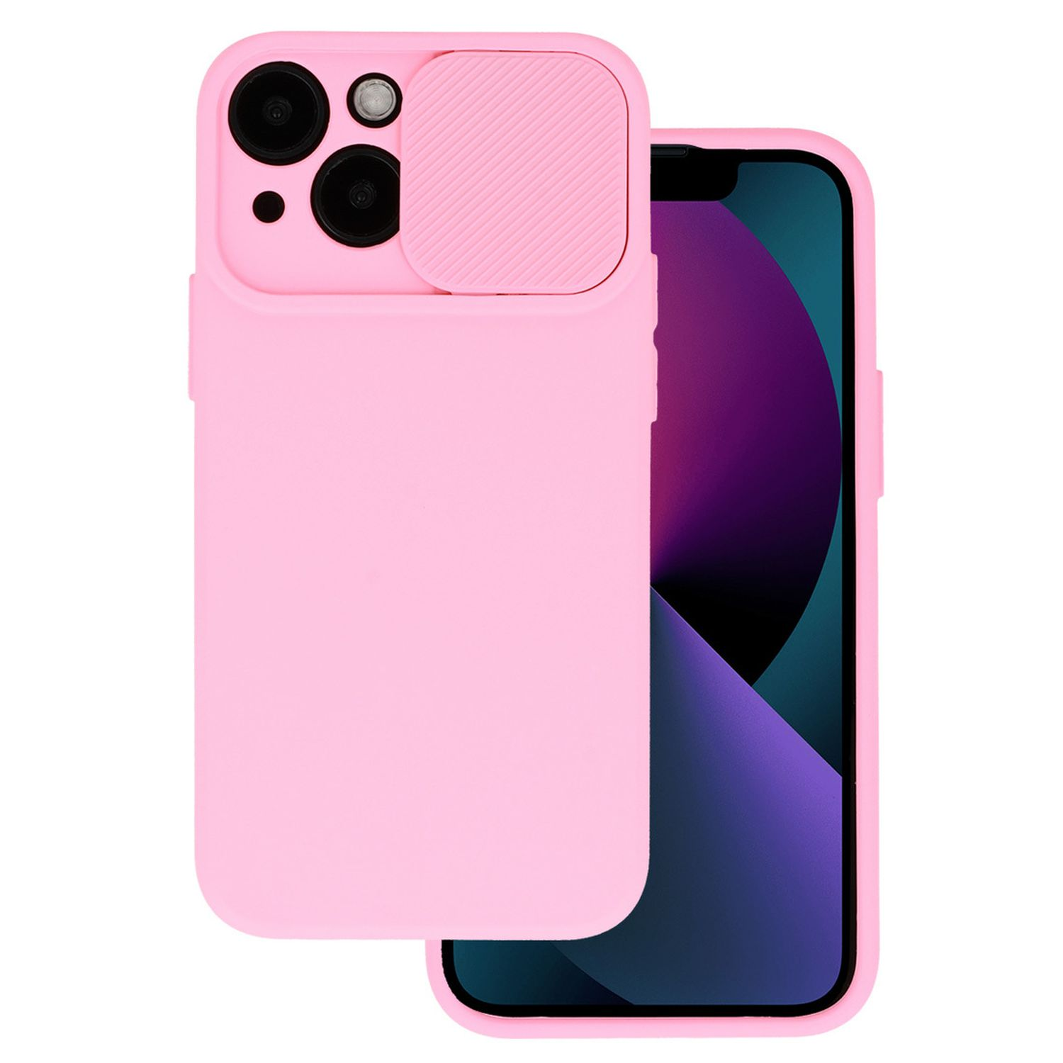 Rosa Handyhülle mit drei Kameras und einem Kameraschieber und einem Telefon.