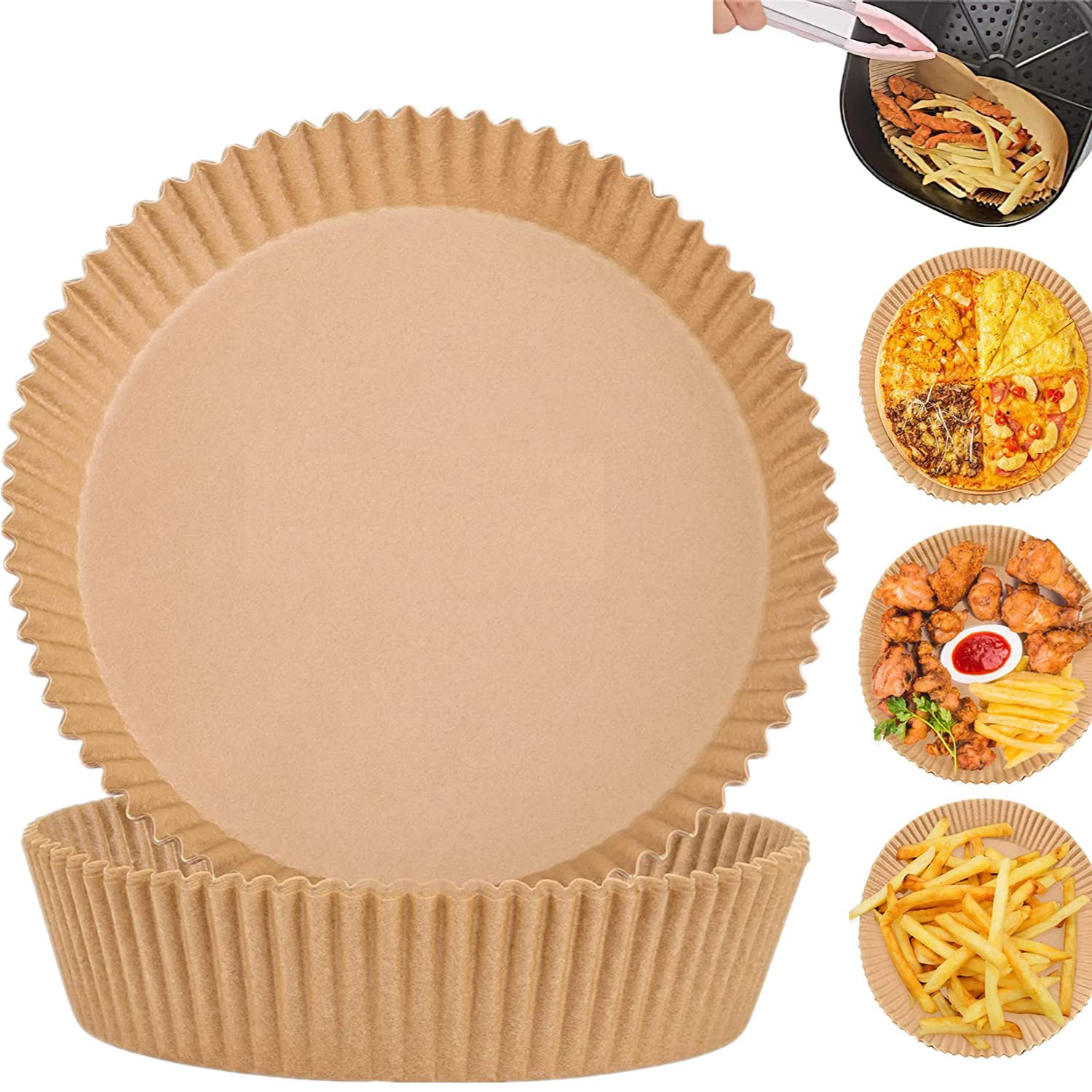 Braune Papier-Airfryer-Einlagen mit Lebensmittelbeispielen: Pommes, Pizza, Frittiertes.