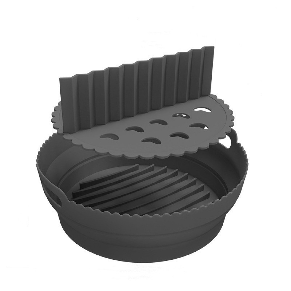 Zusammenklappbares graues Airfryer-Zubehör mit rundem Boden und geriffelter Oberseite.