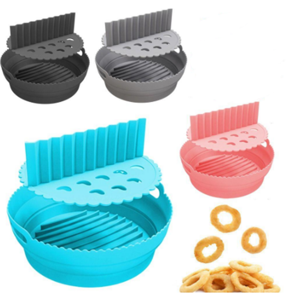 Heißluftfritteusen-Einsätze in verschiedenen Farben. Einige gefüllt mit Zwiebelringen.