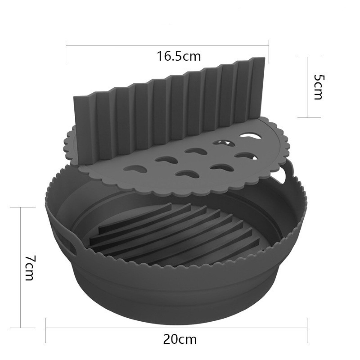 Dunkelgraues Airfryer-Zubehör mit Deckel und Boden, mit Maßangaben.