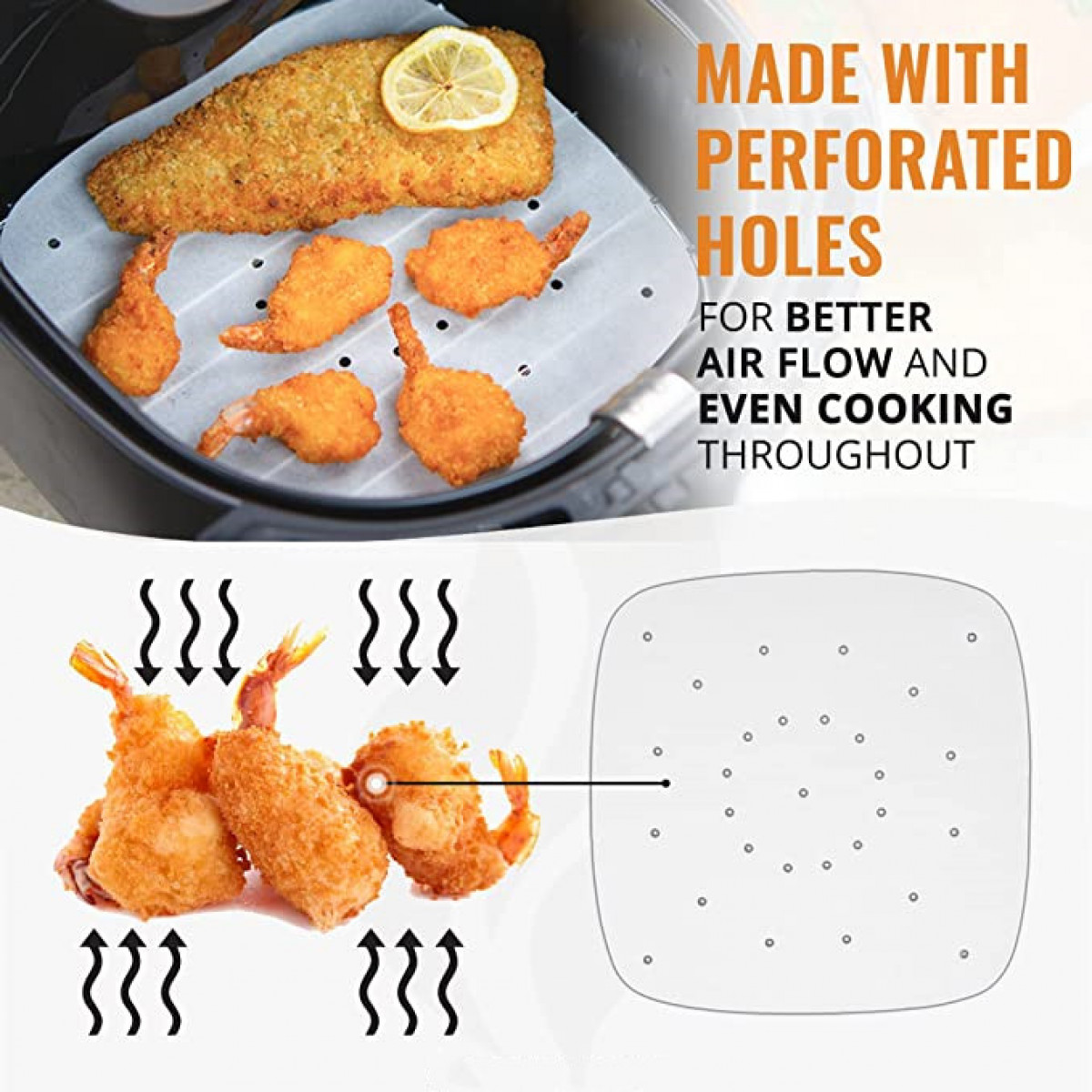 Bild zeigt perforiertes Papier für Heißluftfritteusen mit gebratenem Essen und Text über Luftzirkulation und Kochen.