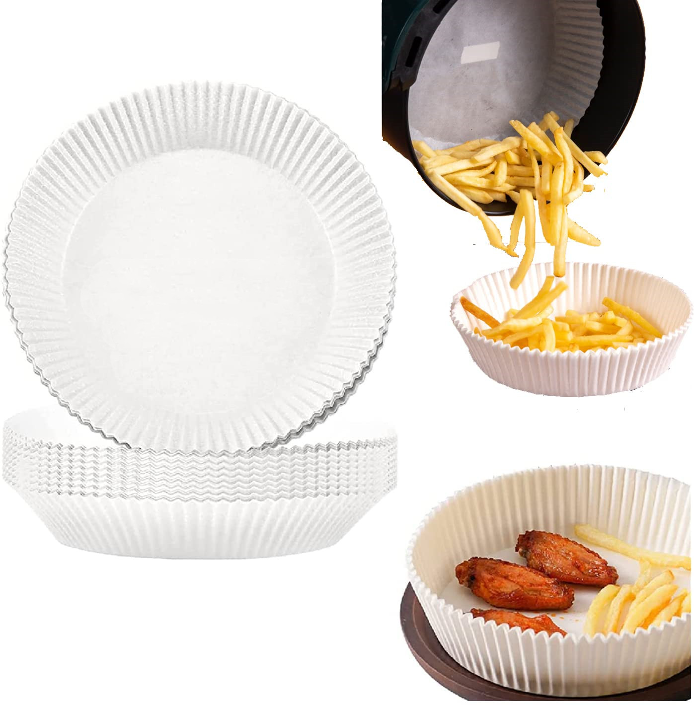 Weiße Papier-Heißluftfritteusen-Einsätze. Pommes und Hähnchenflügel in den Einsätzen, in der Heißluftfritteuse.